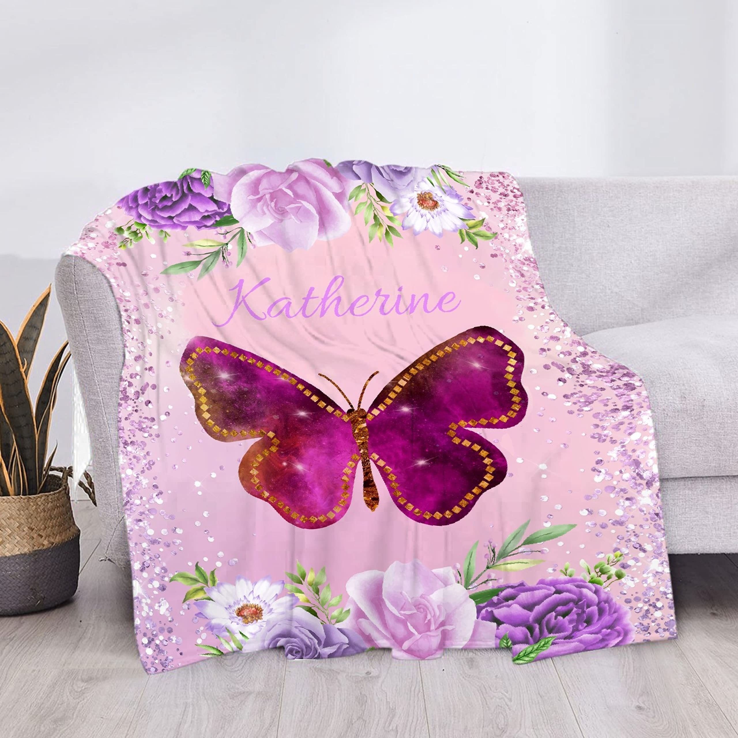 Personalized Butterfly Floral Print Flannel Blanket Hypoallergenic Cozy for All Seasons