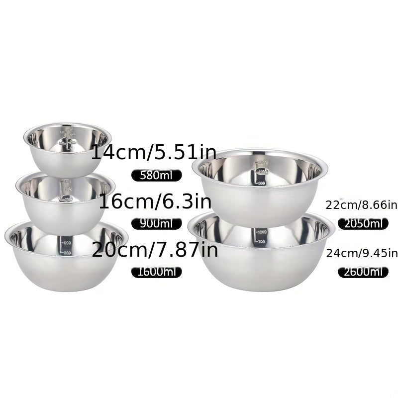 Set of 5 Stainless Steel Mixing Bowls with Non-Slip Base Kitchen Food-Grade