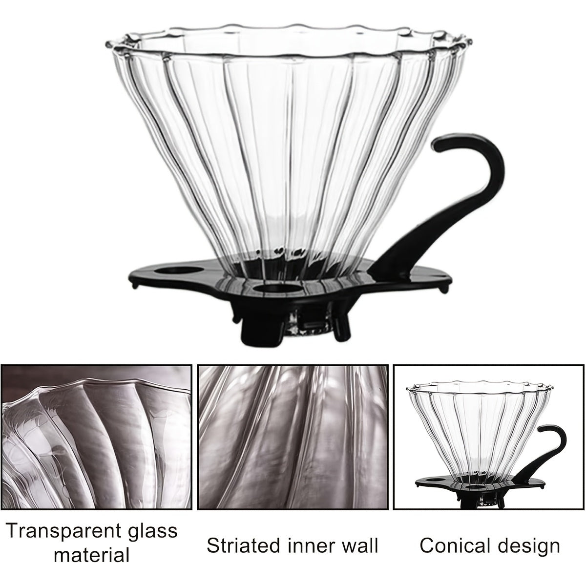 Glass Pour Over Coffee Dripper with Handle, Reusable Cone Filter for Home Office Travel