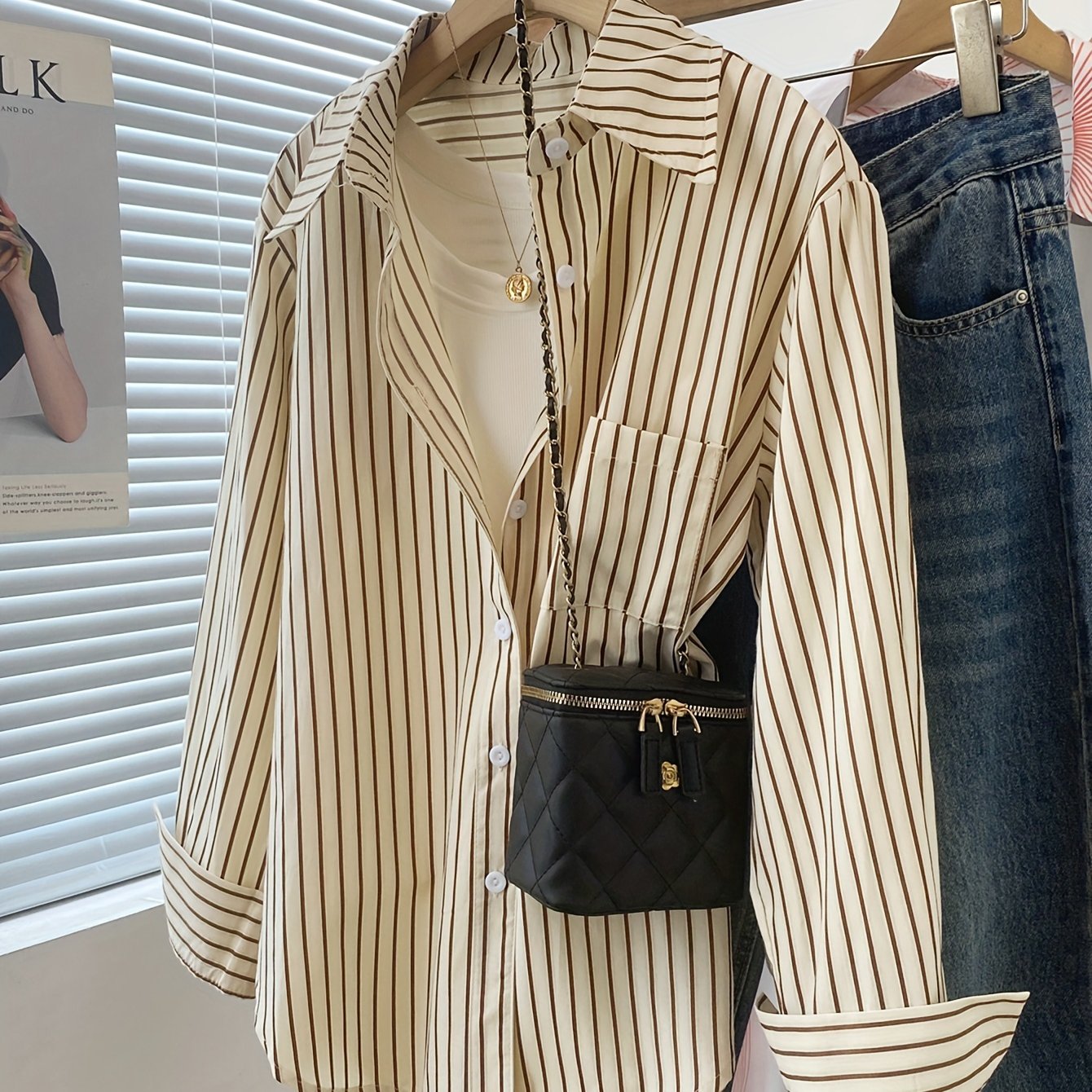 Women's Striped Cotton Blend Blouse with Ruffled Hem and Long Sleeves