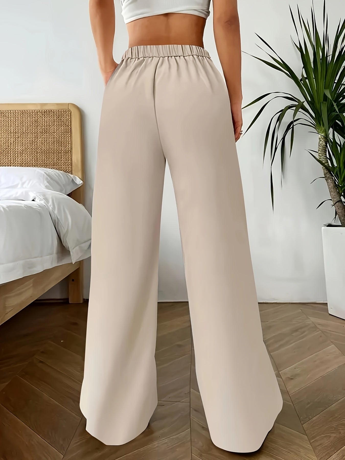Women's High-Waist Loose Pants with Pleated Detail Pockets Polyester Blend Long Casual All-Season