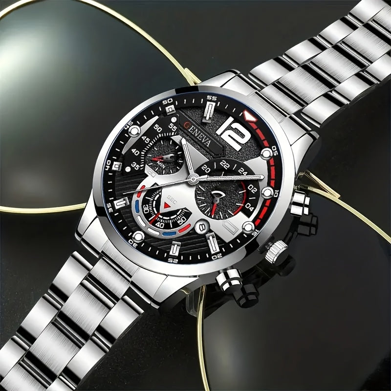 Men's Stainless Steel Watch Set with Calendar and Accessories