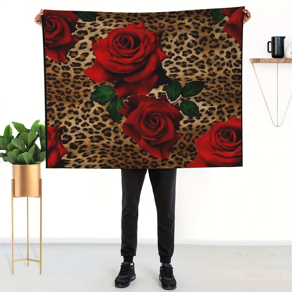 Leopard and Rose Print Flannel Throw Blanket Reversible Soft Warm for Couch Bed Travel