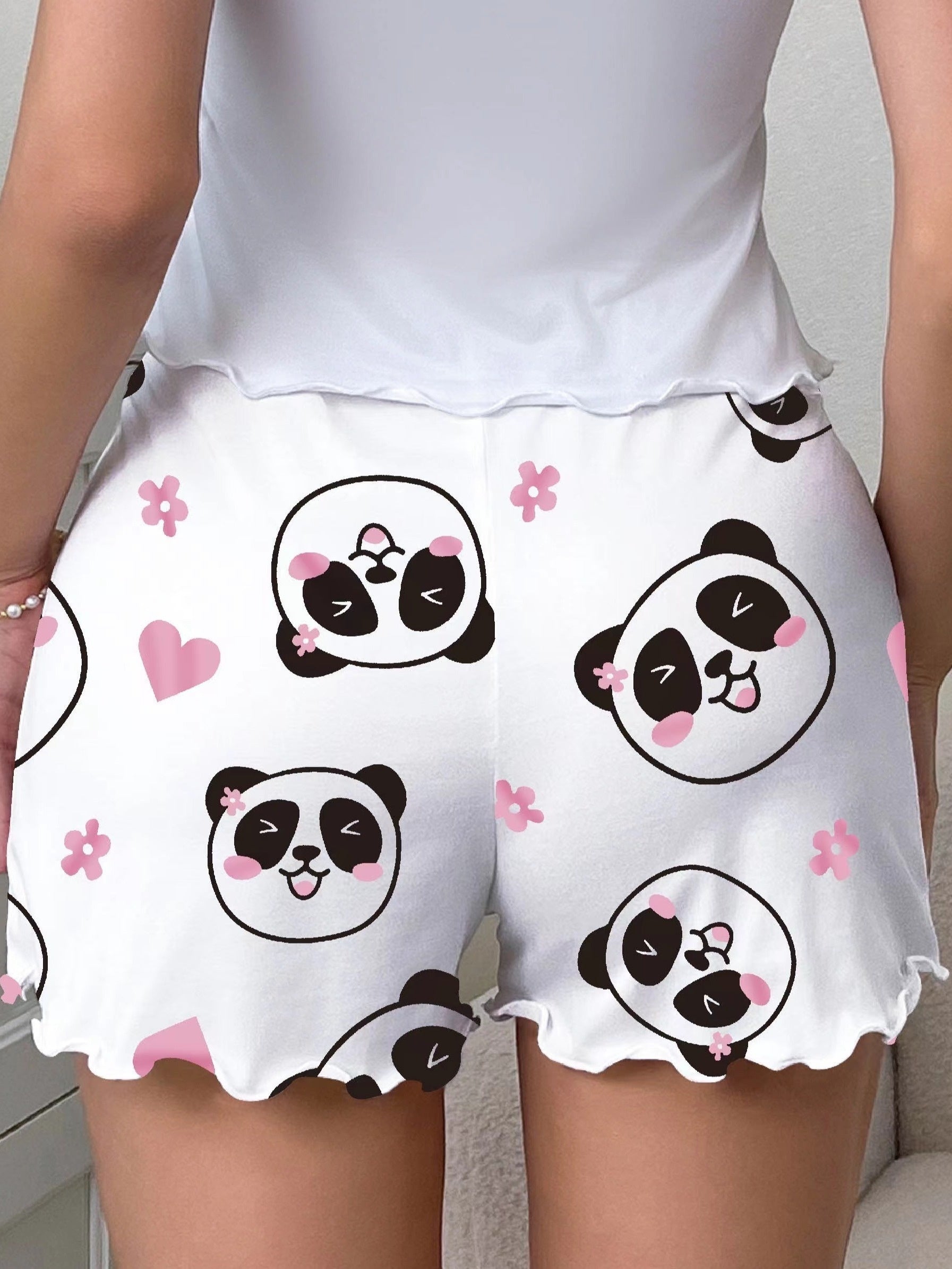 Women's Sleep Shorts with Panda Print Frill Trim Elastic Waist Casual Loungewear