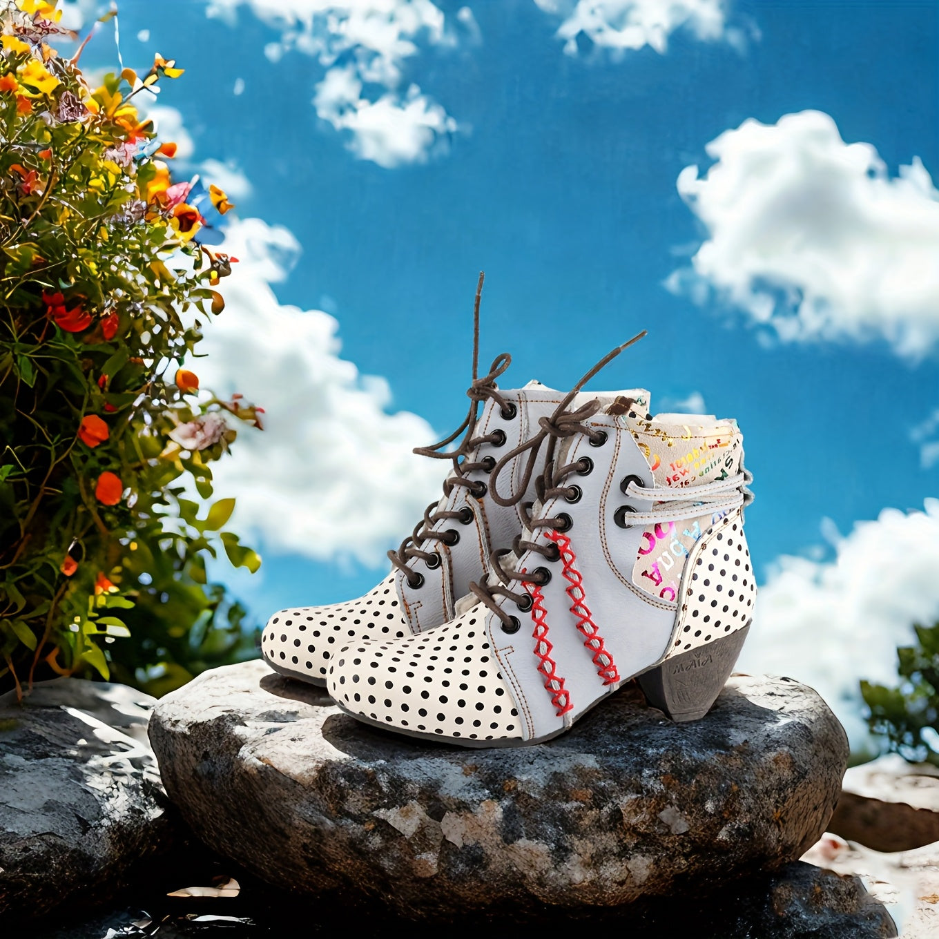 Women's Winter Ankle Boots Leather Mid Heel Lace-Up with Print