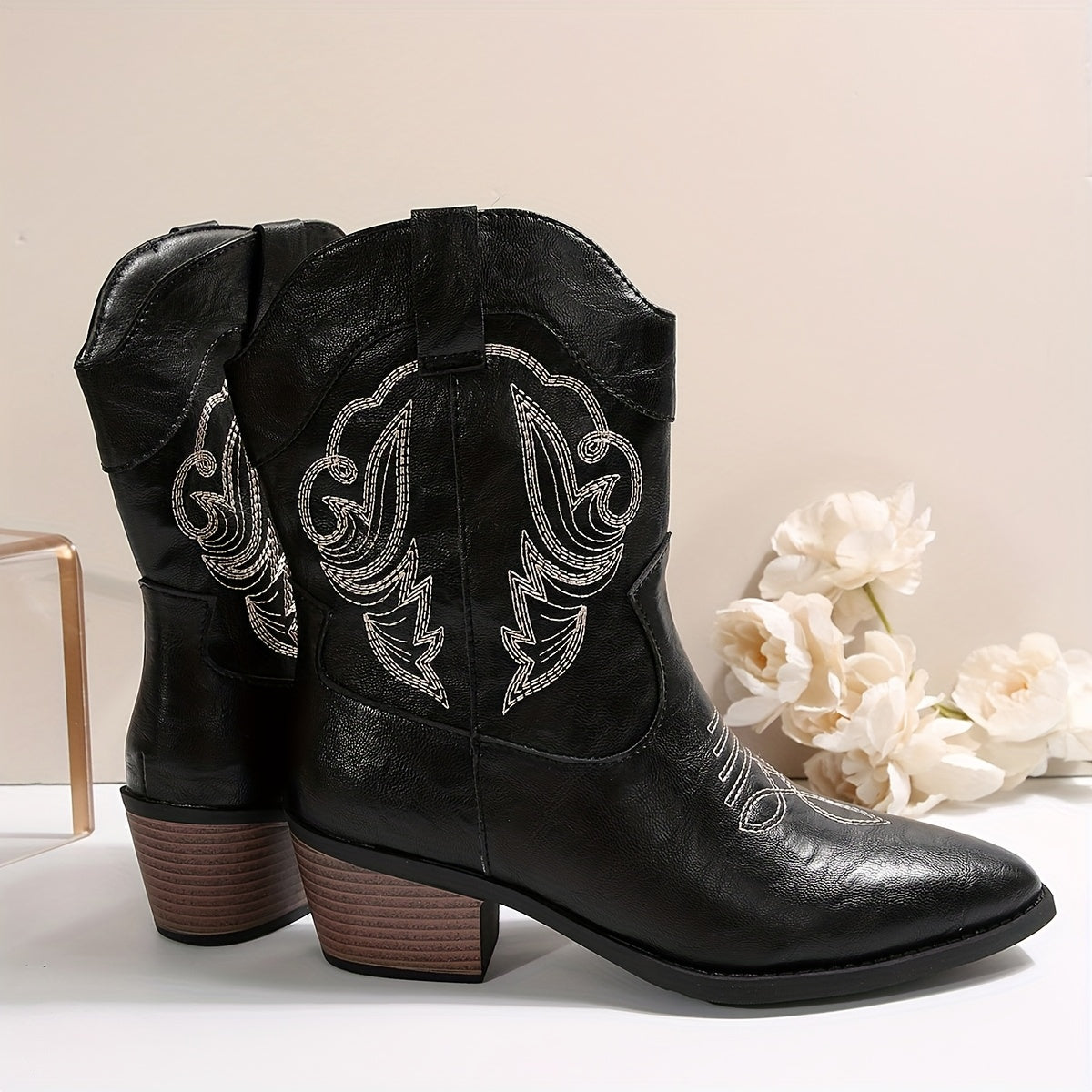 Women's Mid-Calf Faux Leather Bohemian Boots with Embroidery