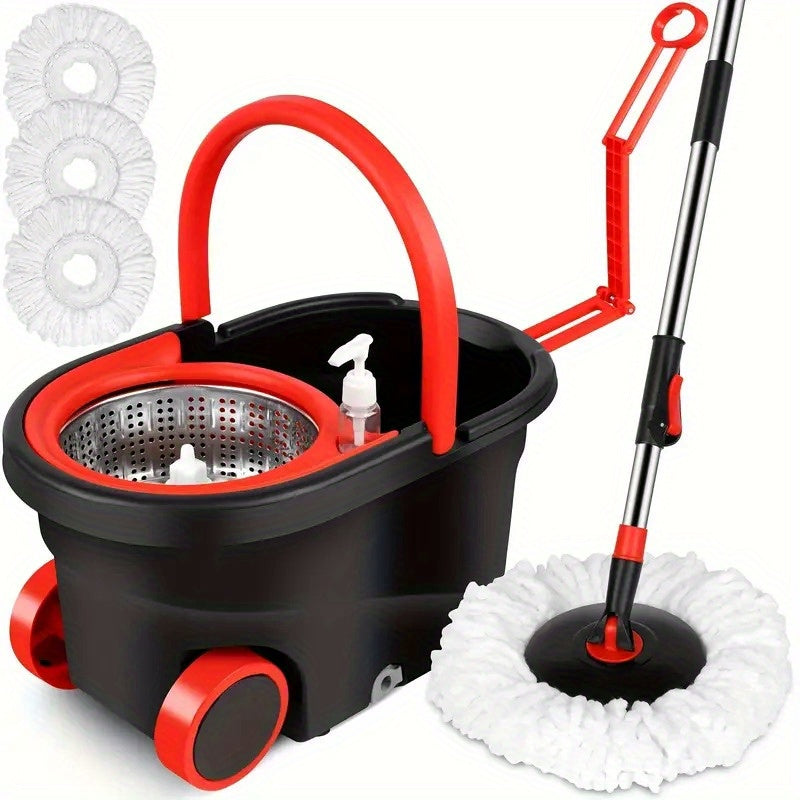 Spin Mop and Bucket Set with Stainless Steel Handle, Microfiber Heads for Kitchen Bathroom Cleaning