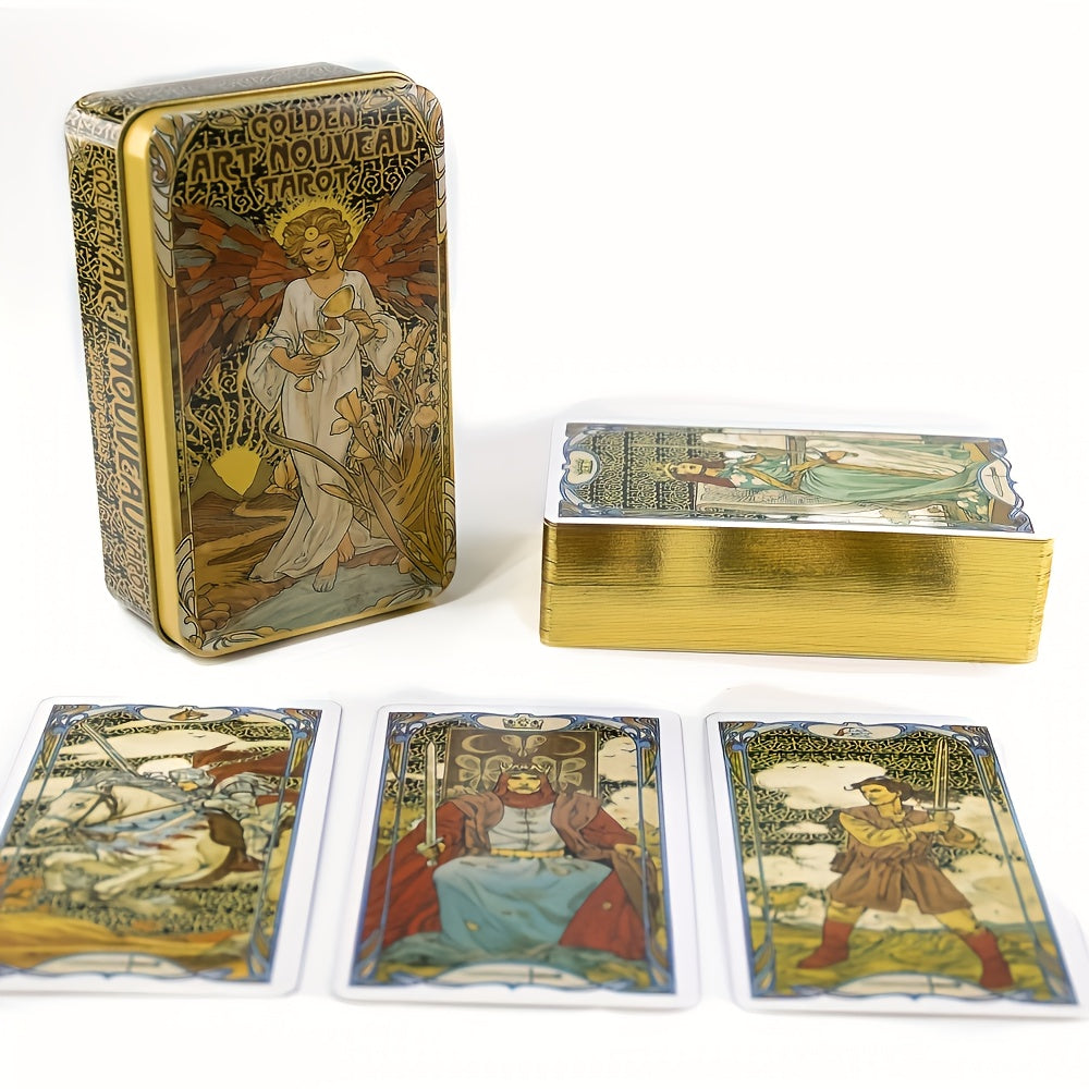 Elegant Gold Art Nouveau Tarot Cards 78-Piece Deck with Gilded Edges and Tin Box