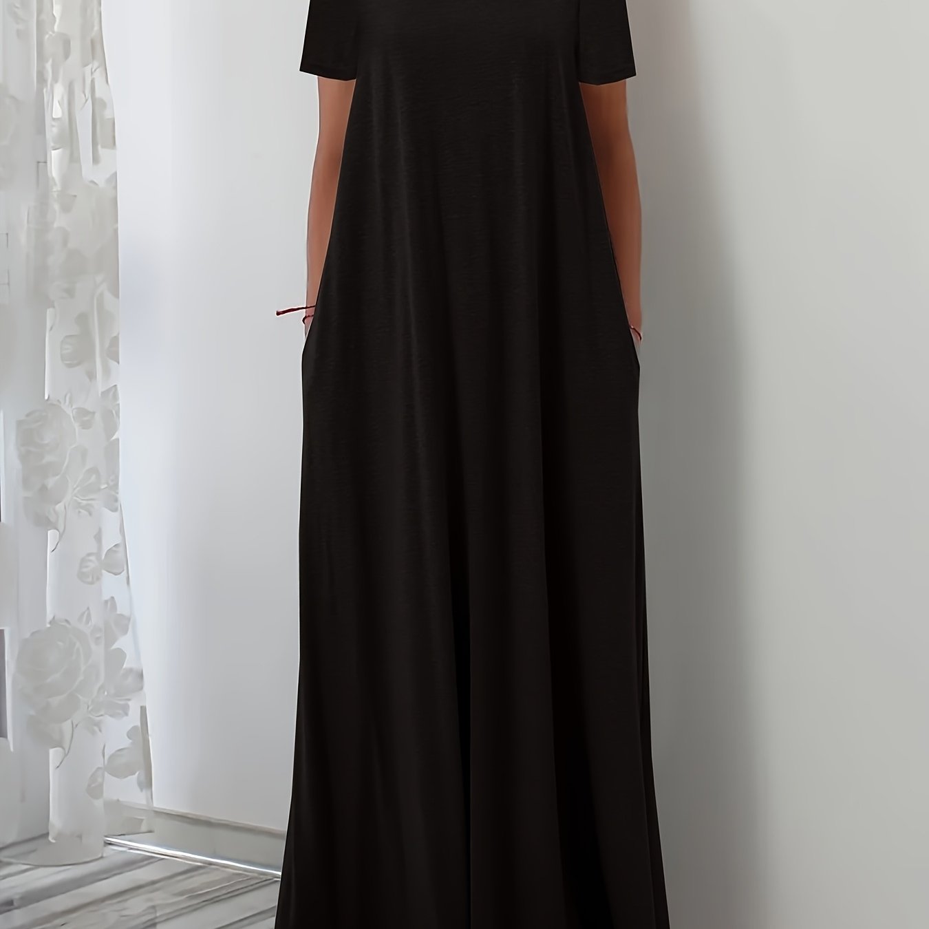 White Maxi Dress with Square Neck Short Sleeves Pockets Flowing Silhouette Polyester Blend