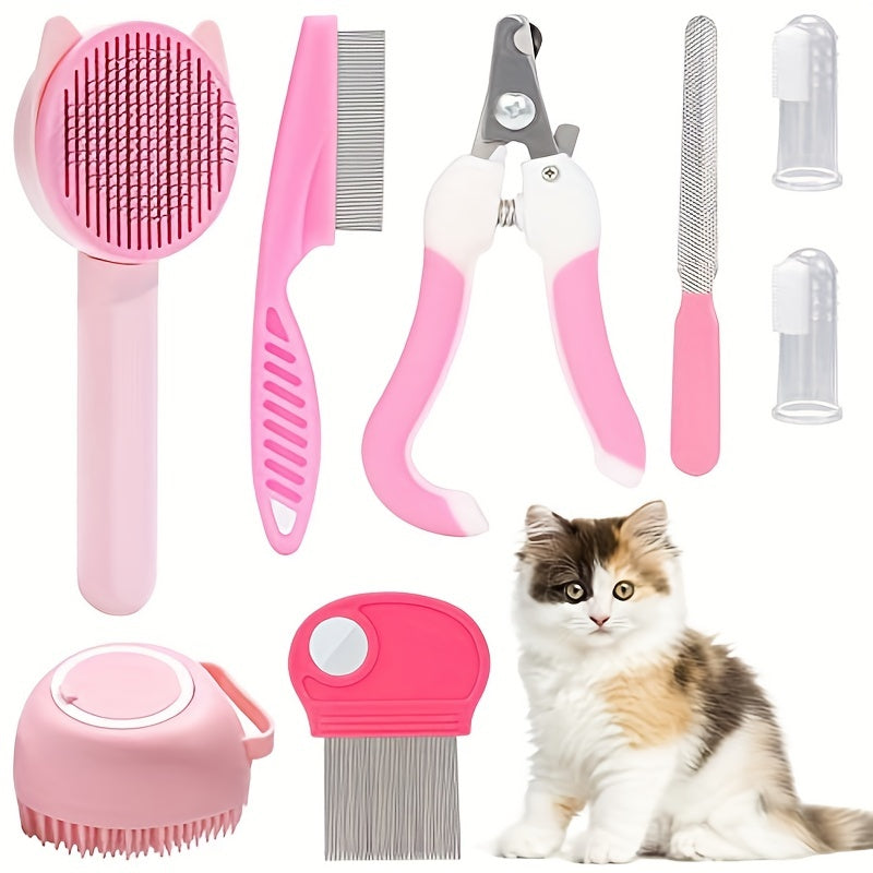 8-Piece Cat Grooming Kit with Self-Cleaning Brush Nail Clippers Comb Shedding Brush and Toothbrush