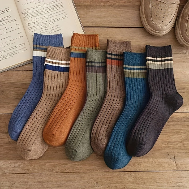 Men's Casual Striped Crew Socks Set 7 Pairs Anti-Odor Sweat-Absorbing Breathable
