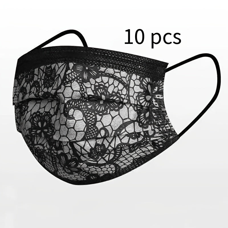 Set of 10 Women's Lace Face Masks Lightweight Breathable 3-Layer Protection for Travel