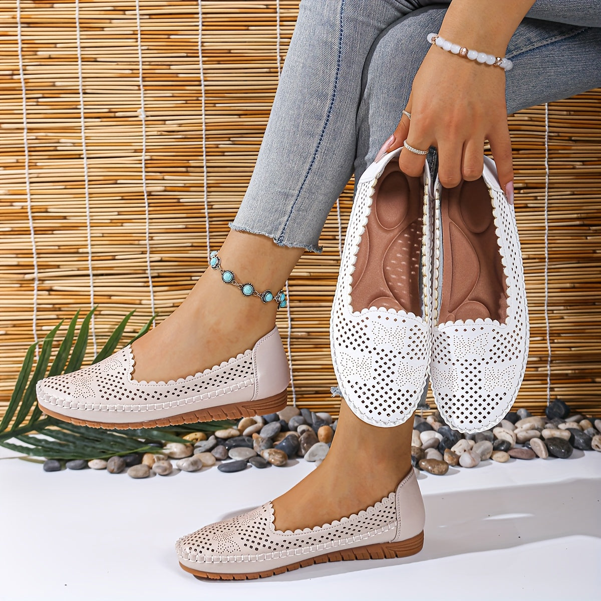 Women's Perforated Synthetic Loafers Slip-On Flats Beige White Cushioned