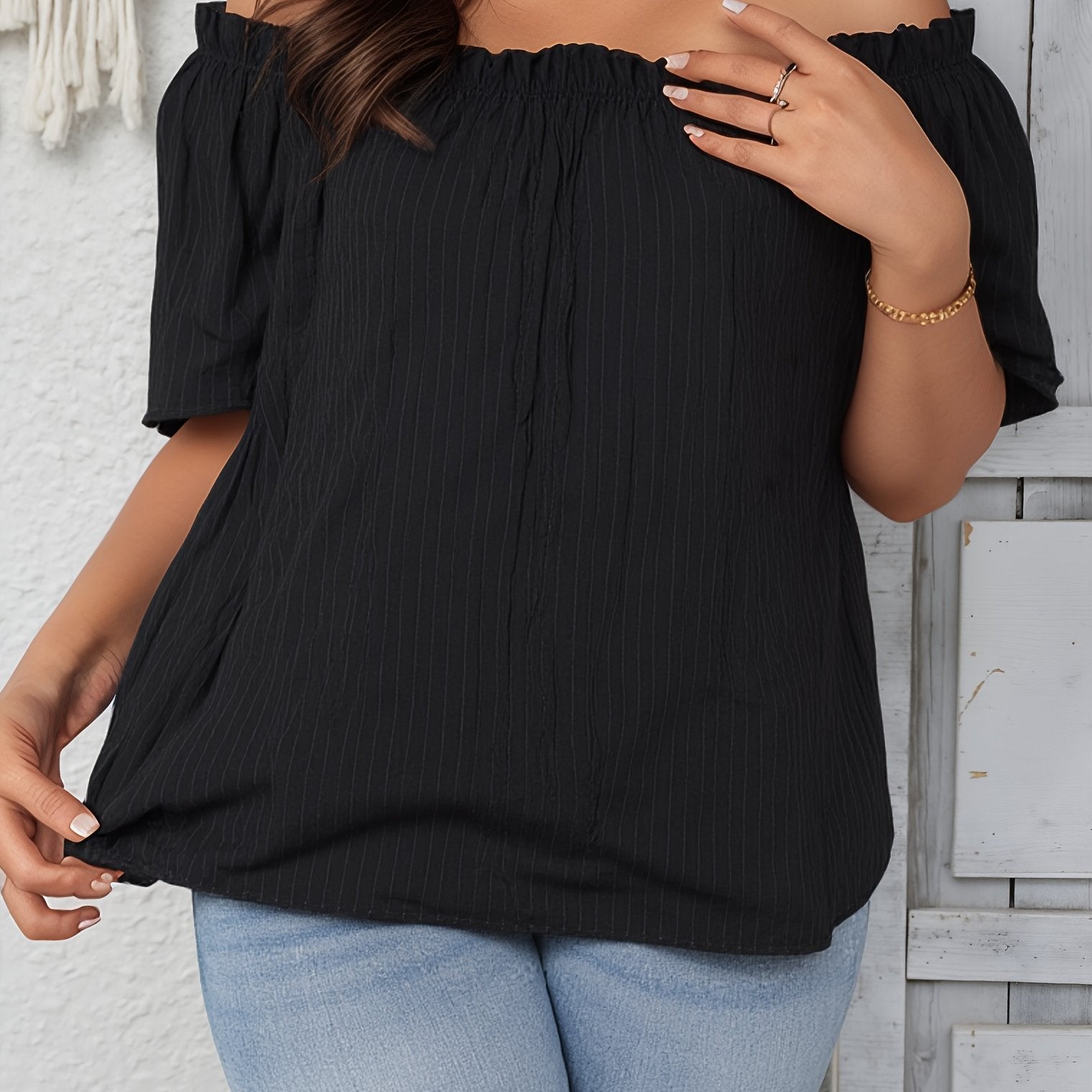 Plus Size Textured Off Shoulder Blouse for Women Spring Clothing