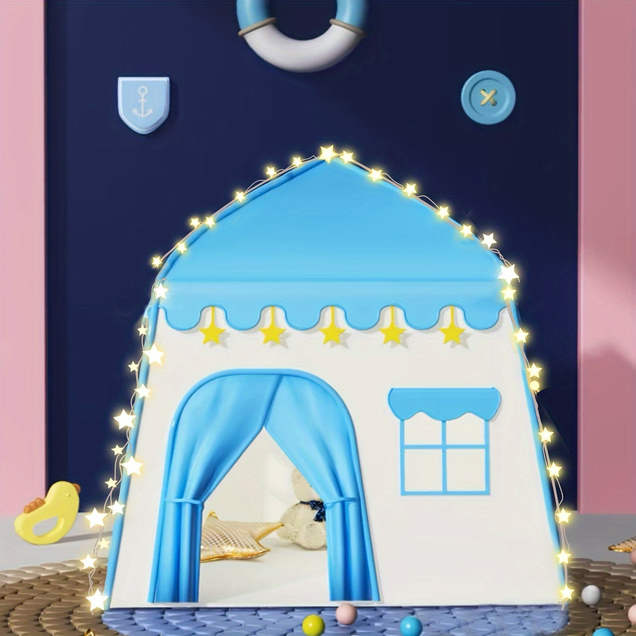 Bolalar uchun yulduzli chiroqlar bilan ko'k gullar naqshidagi o'yin palatasi - ichki/tashqi o'yinlar uchun mukammal, mustahkam polyester va PVC dan tayyorlangan.