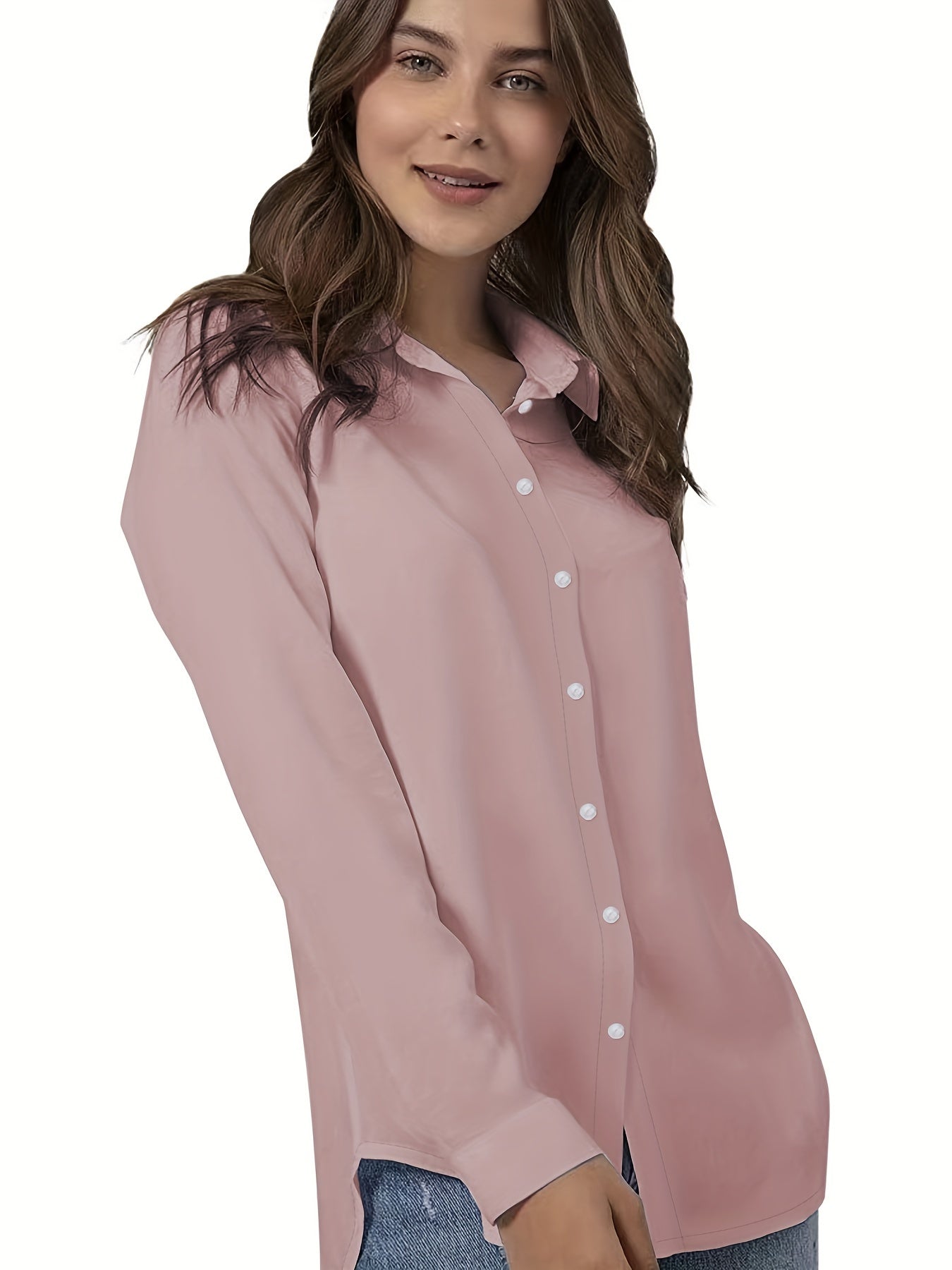 Plus Size Women's Solid Polyester Button Front Shirt with Roll-Up Sleeves for Spring and Fall