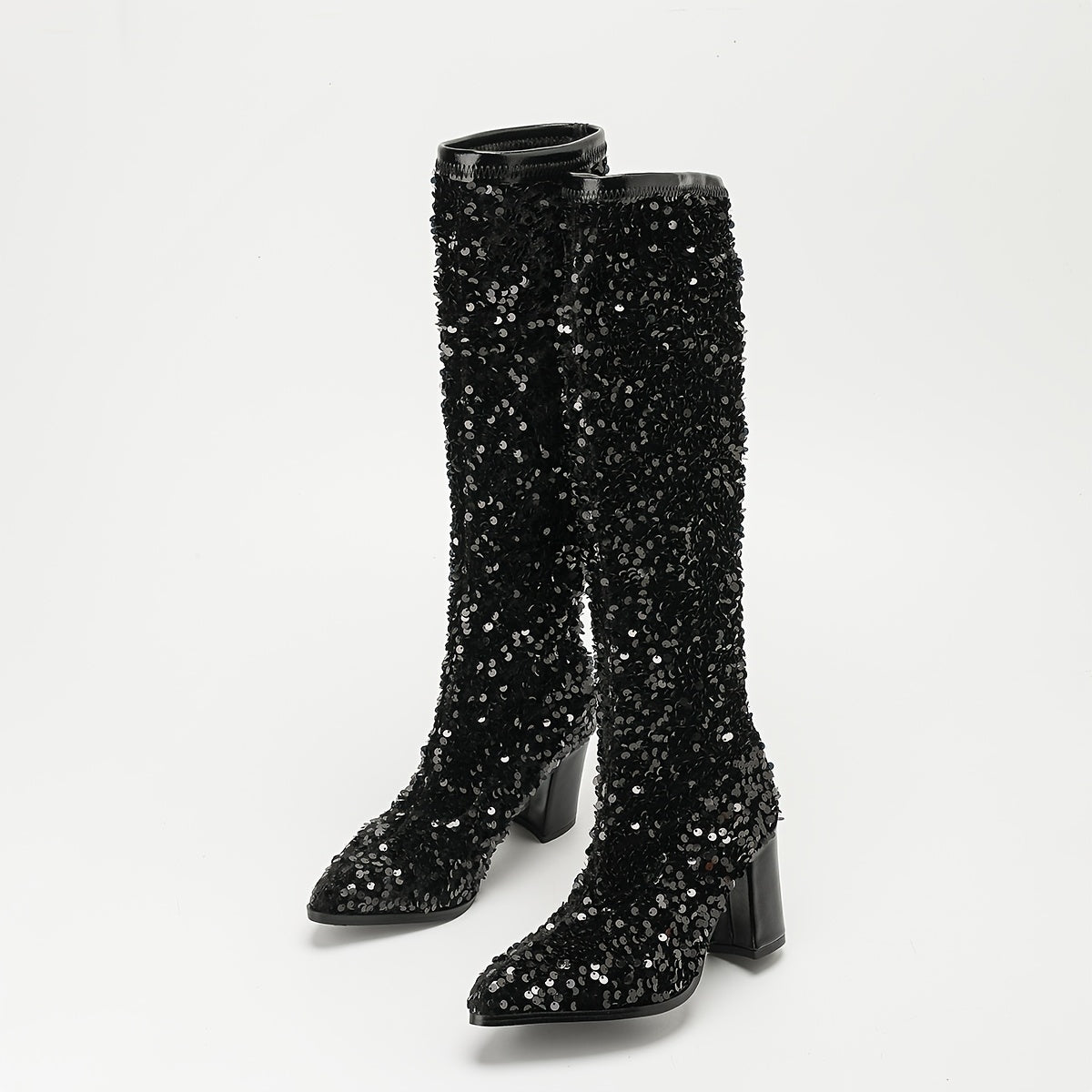 Women's Black Sequin Ankle Boots Pointed Toe High Heel Dress Shoes