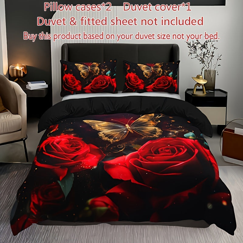 3-Piece Romantic Rose Butterfly 3D Duvet Cover Set with 2 Pillowcases Soft Breathable Polyester Bedding for Home Dorm Decor