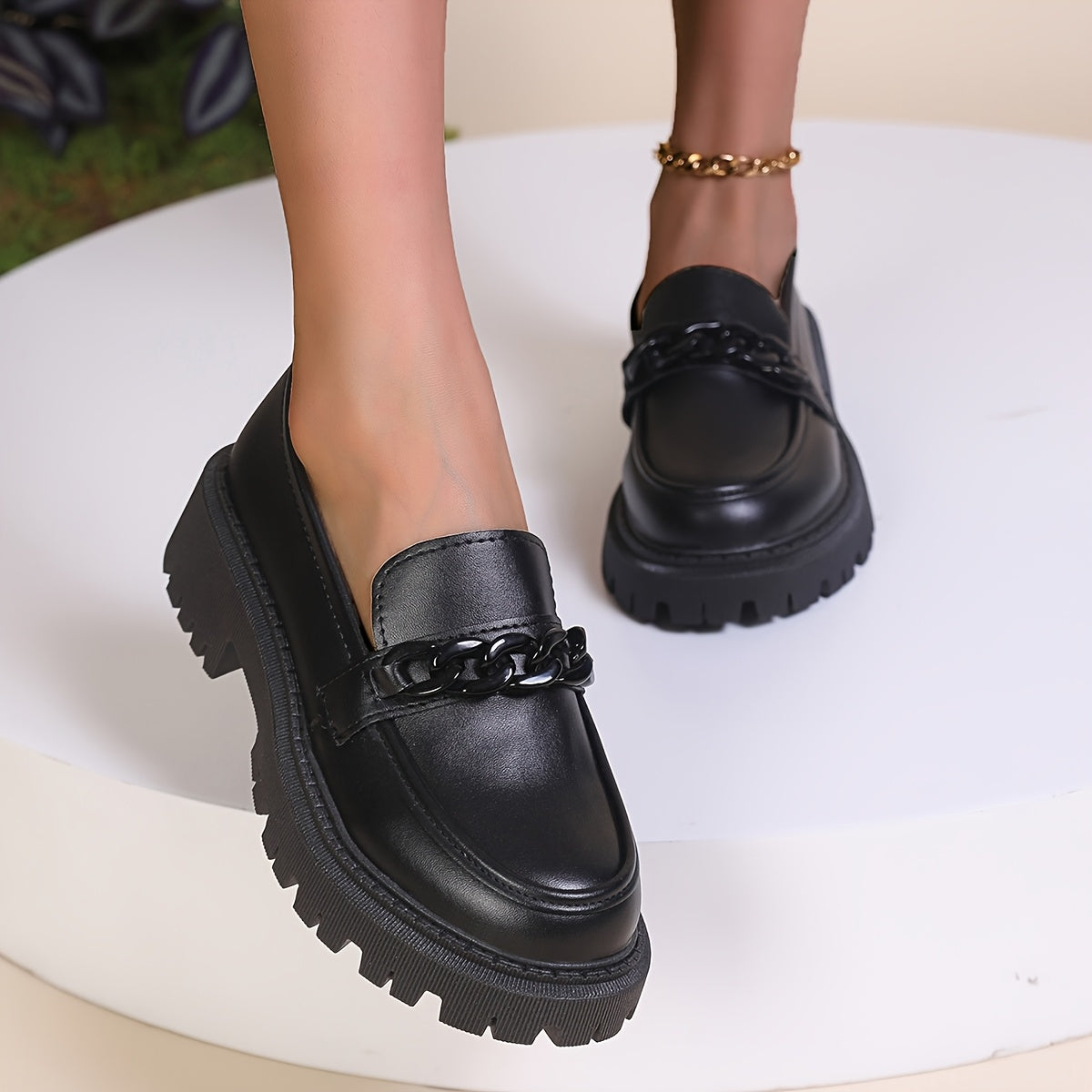 Women's Black Vintage Loafers Platform Block Heel Wide Fit Flats