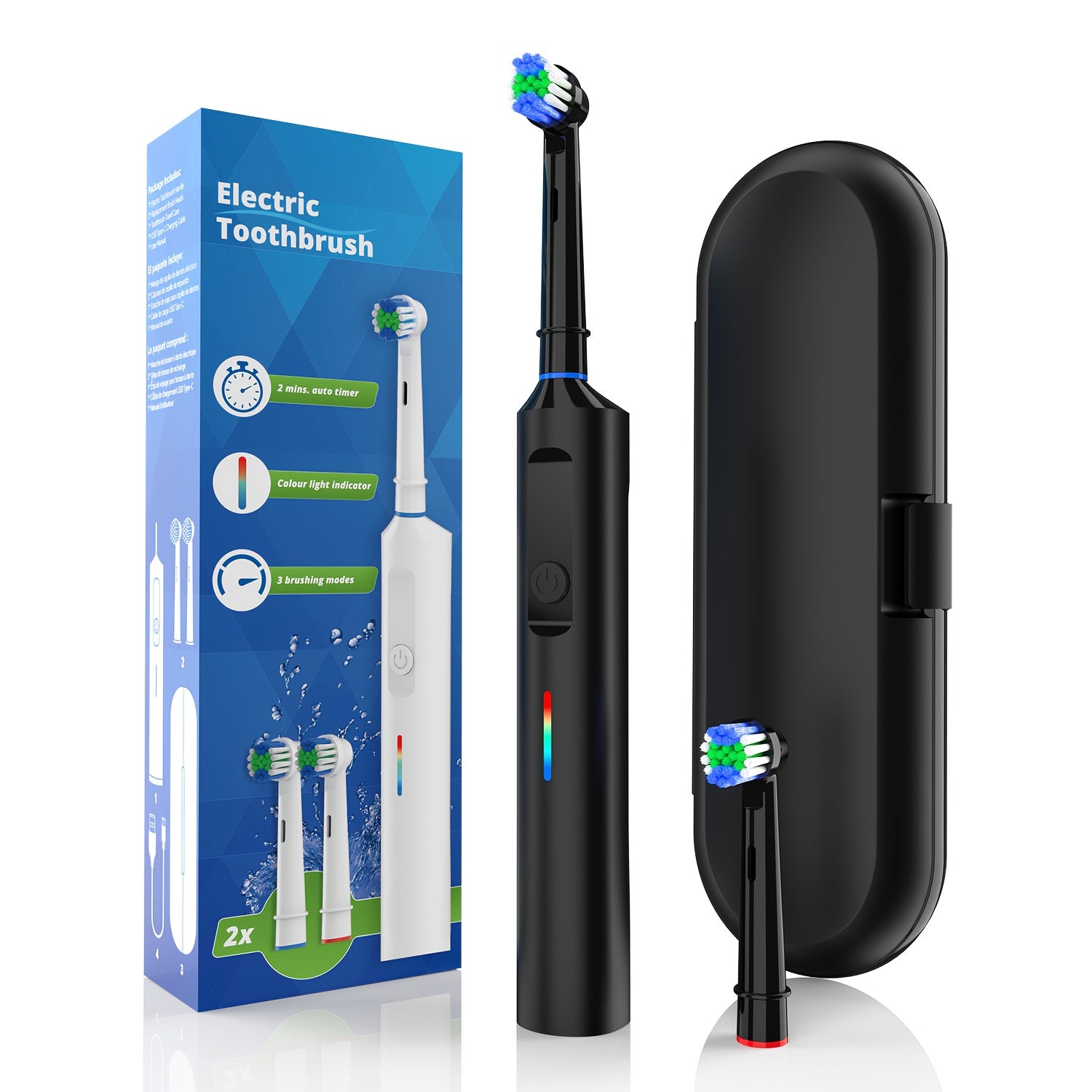 Kattalar uchun elektr tish cho'tkasi, 2 ta cho'tka boshli, portativ quti, Type-C zaryadlash, 3 ta rejim, yumshoq va o'rtacha bosh