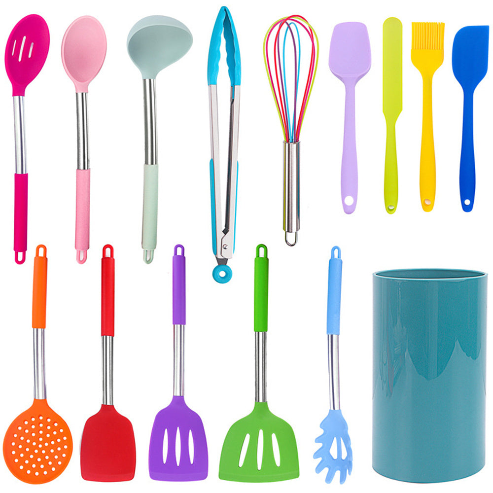 15-Piece Silicone Kitchen Utensil Set with Stainless Steel Handles for Cooking