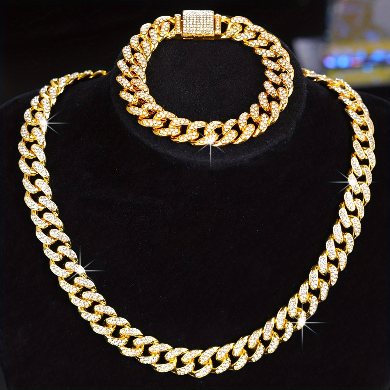 Set of 2 Hip Hop Style Necklace and Bracelet Jewelry for Men Women