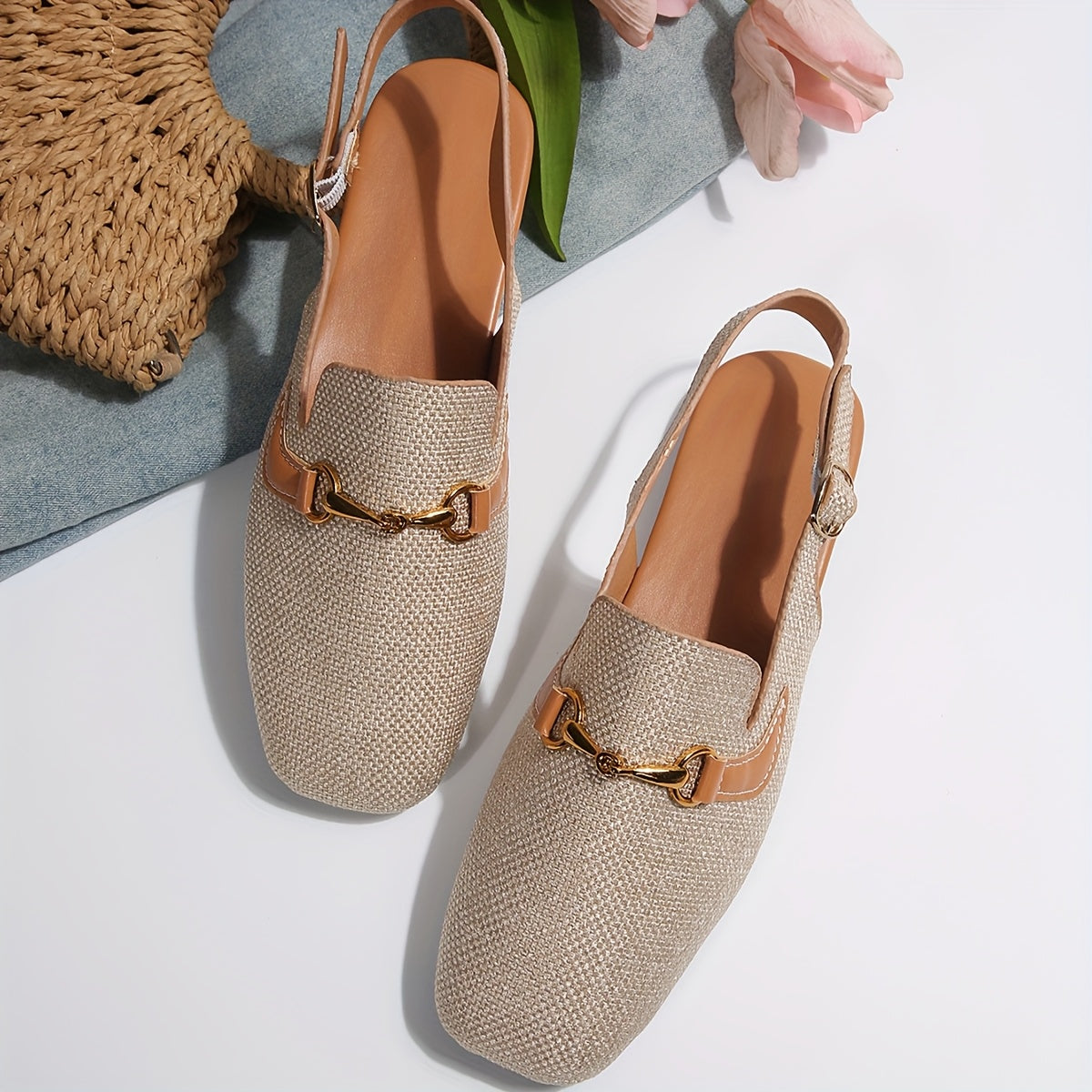 Zapatos planos beige de mujer tipo Mary Jane con cierre de hebilla, cómodos, con punta cuadrada