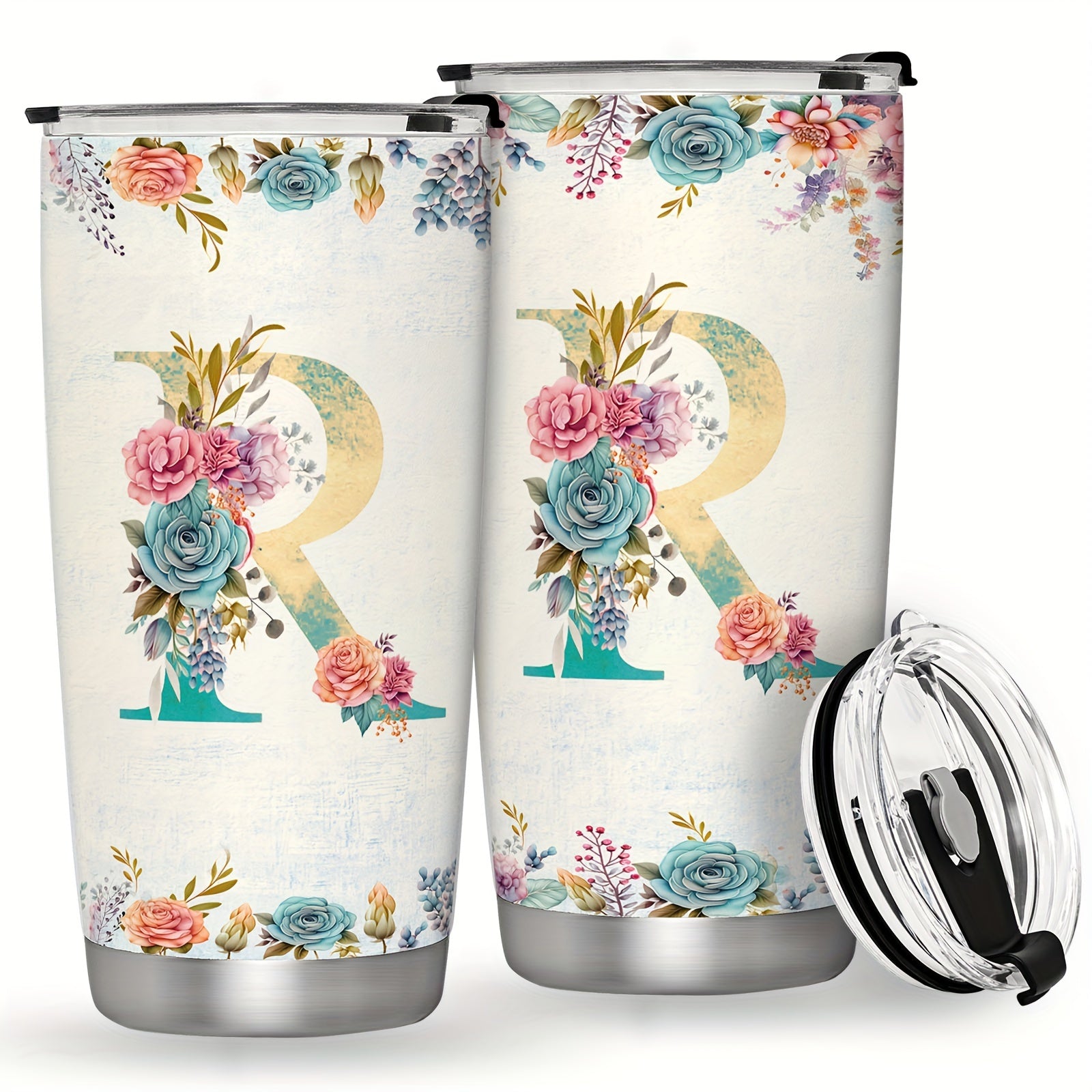 20oz Stainless Steel Tumbler with Monogram Floral Design Leak Proof Lid for Outdoor Use