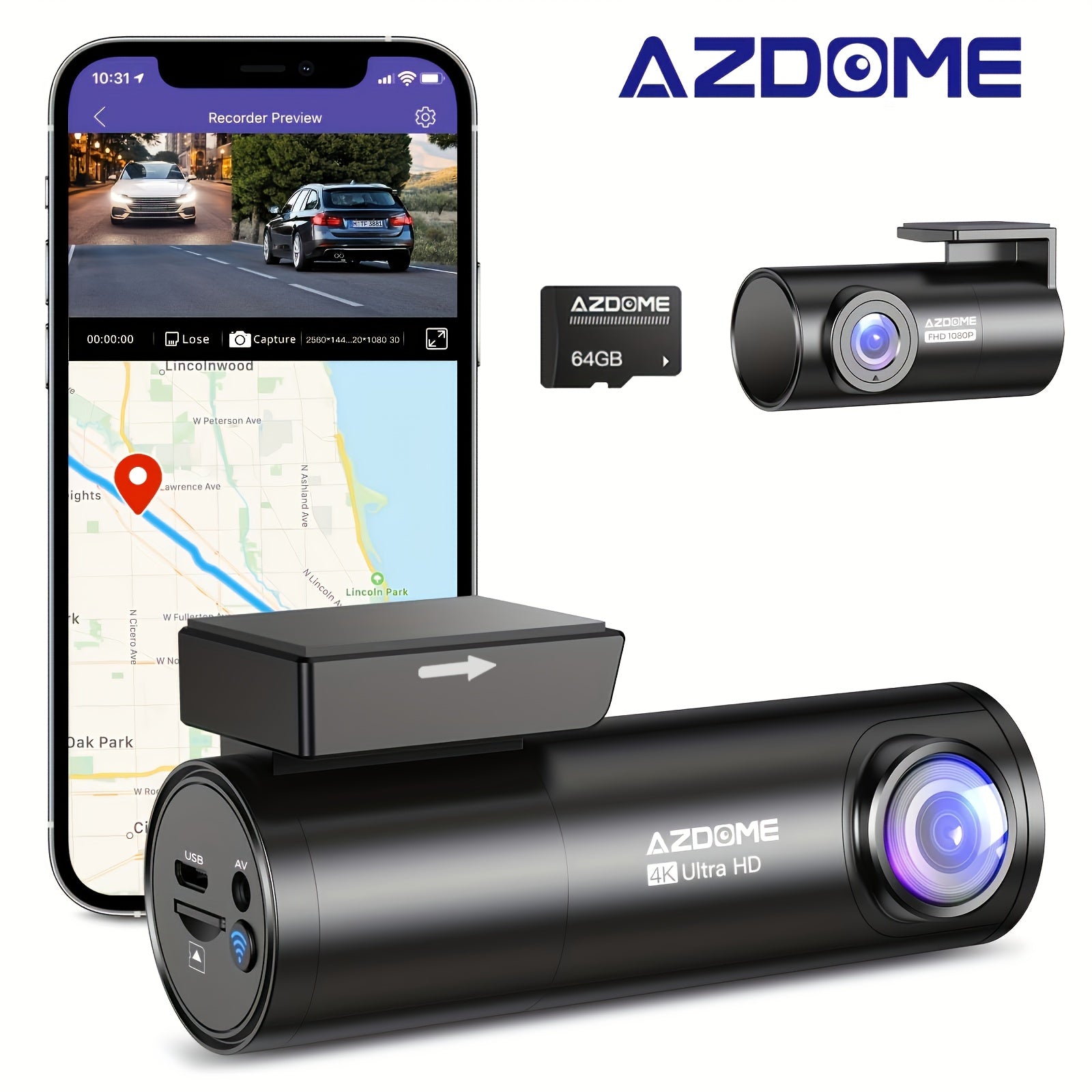 AZDOME M300S 4K HD видеорегистратор с записью спереди и сзади в реальном времени, 5G WiFi, GPS, голосовым управлением, WDR, G-сенсором, мониторингом парковки и включенной SD-картой.