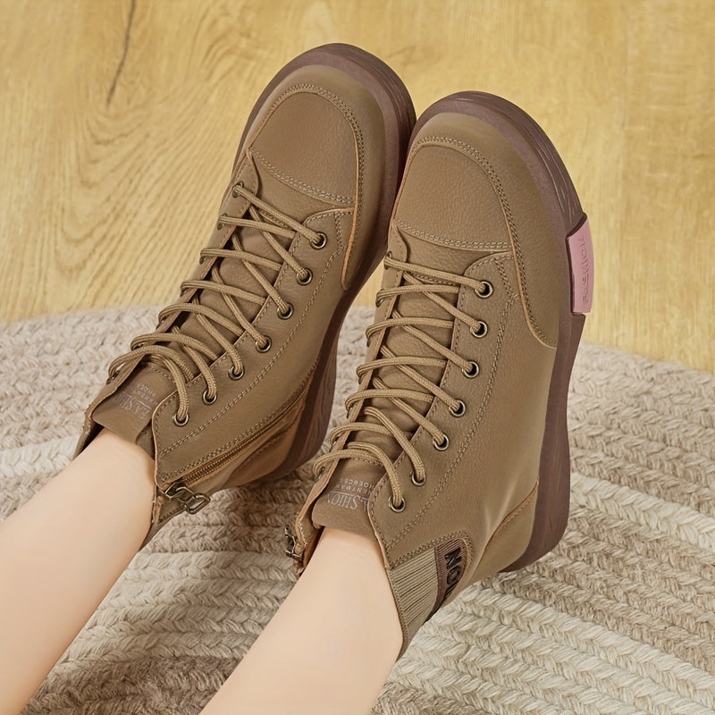 Women's Brown Faux Leather Lace-Up Boots Non-Slip Casual Formal