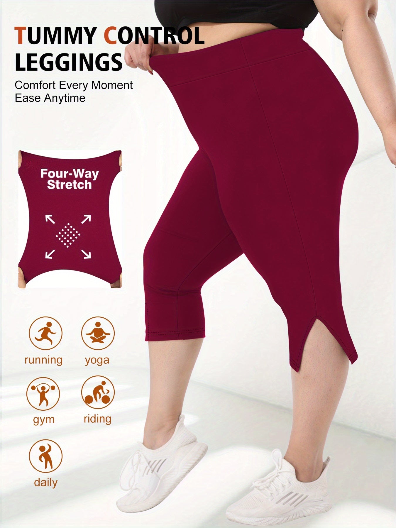 Women's Plus Size Flat-Waist Yoga Pants 7-Inch Leggings for Workout Running