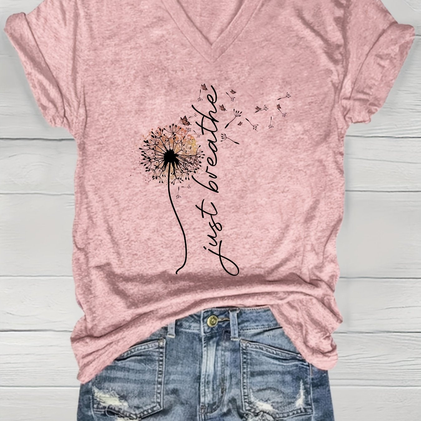 Women’s Short Sleeve V-Neck T-Shirt Soft Pink Geometric Print Casual Top