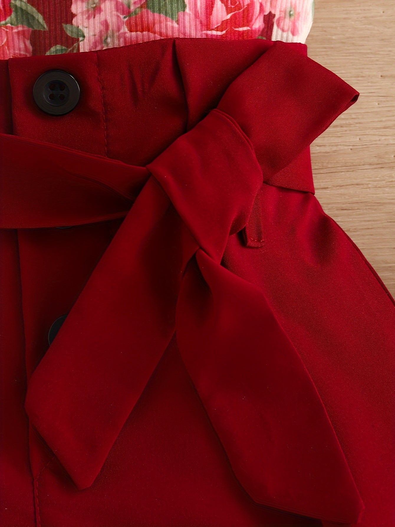 Girls Summer Outfit with Red Rose Print Halter Neck Stripe Top and Belt Shorts