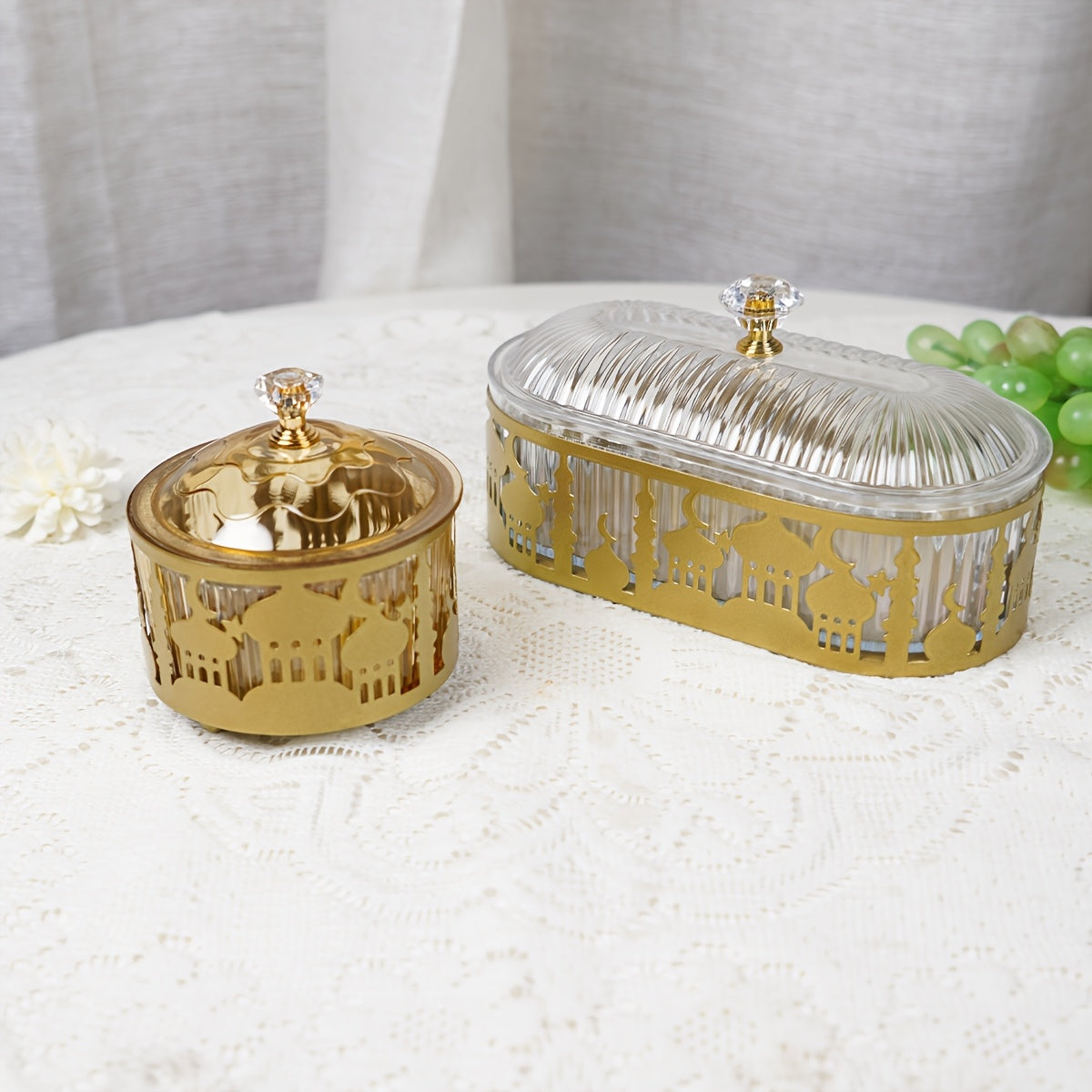 Set of 3 Metal Ramadan Trays with Castle Pattern Engraving and Lacquer Finish for Jewelry and Decor