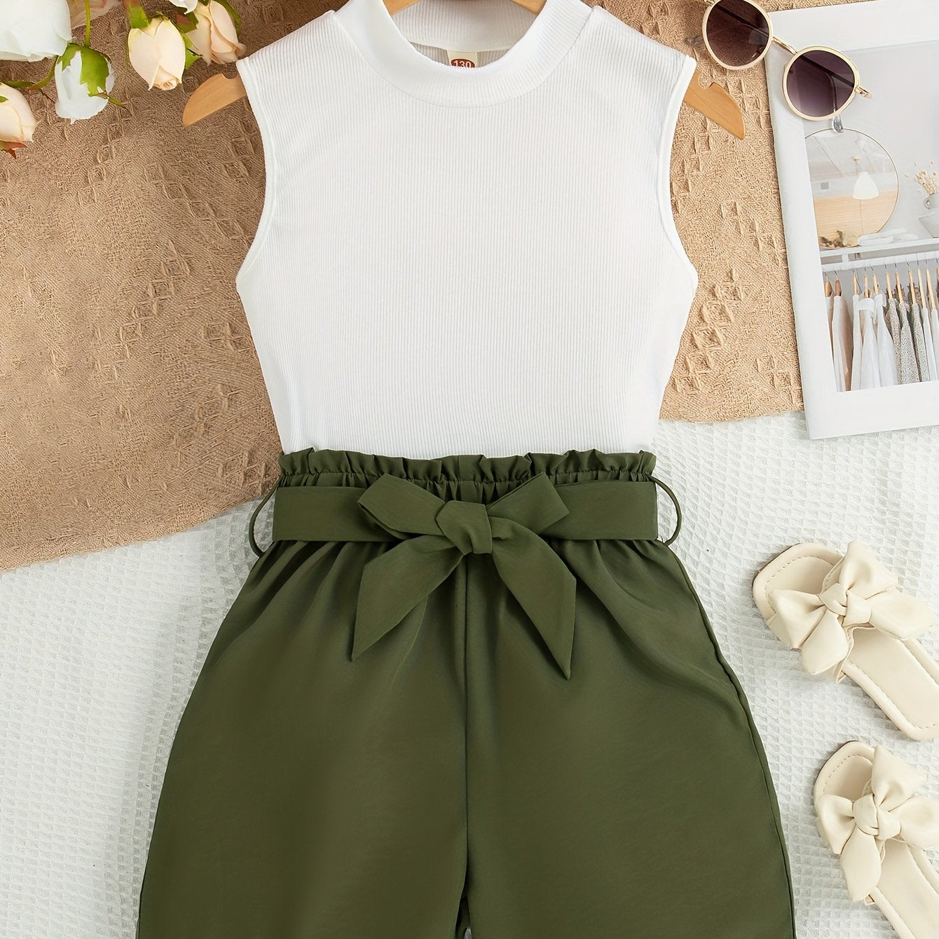 Летний комплект для девочек: безрукавка из трикотажа и шорты с ремнём для активного отдыха