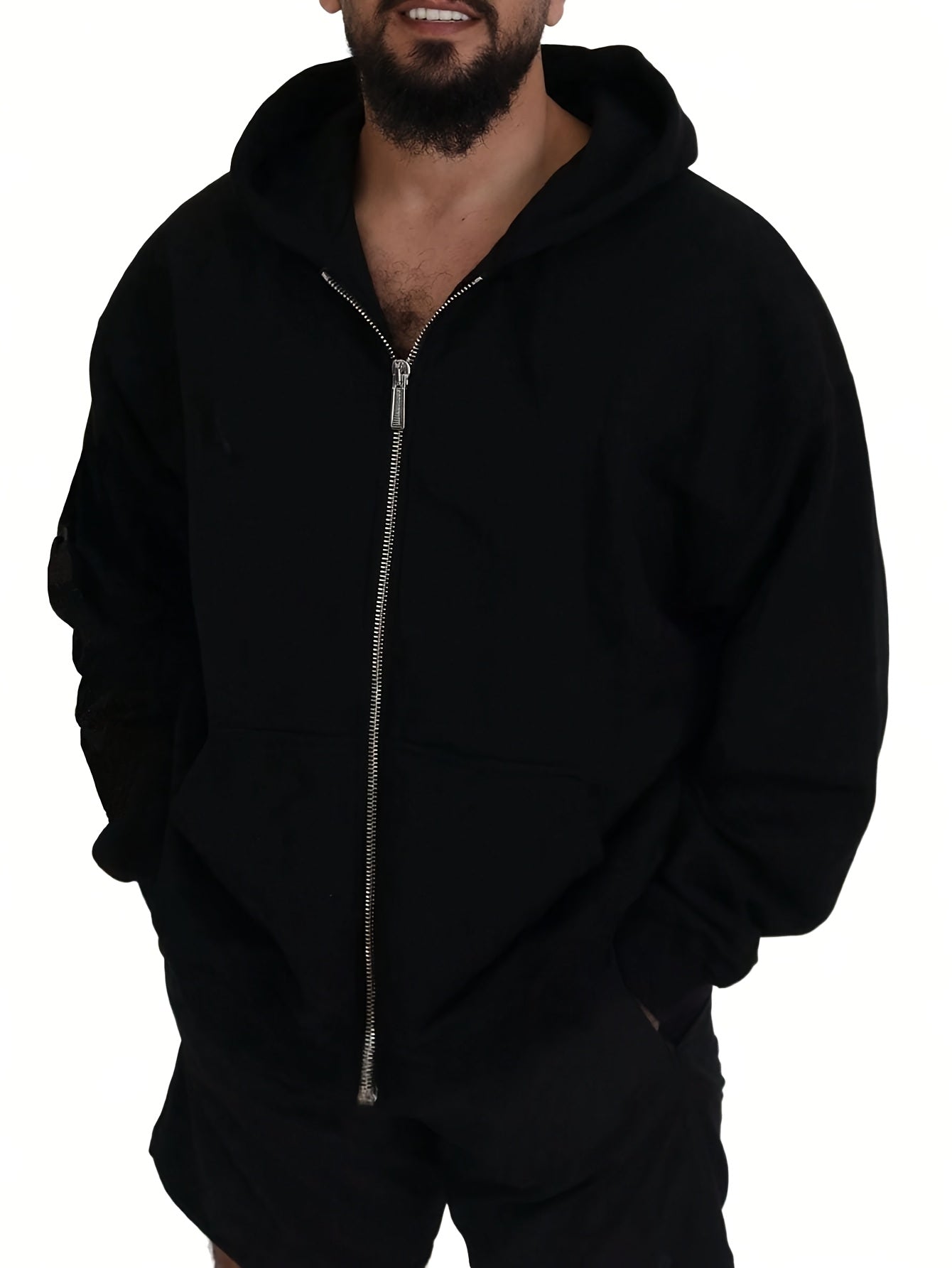 Men's Black Polyester Casual Zip-Up Hoodie Plus Size for Outdoor Sports