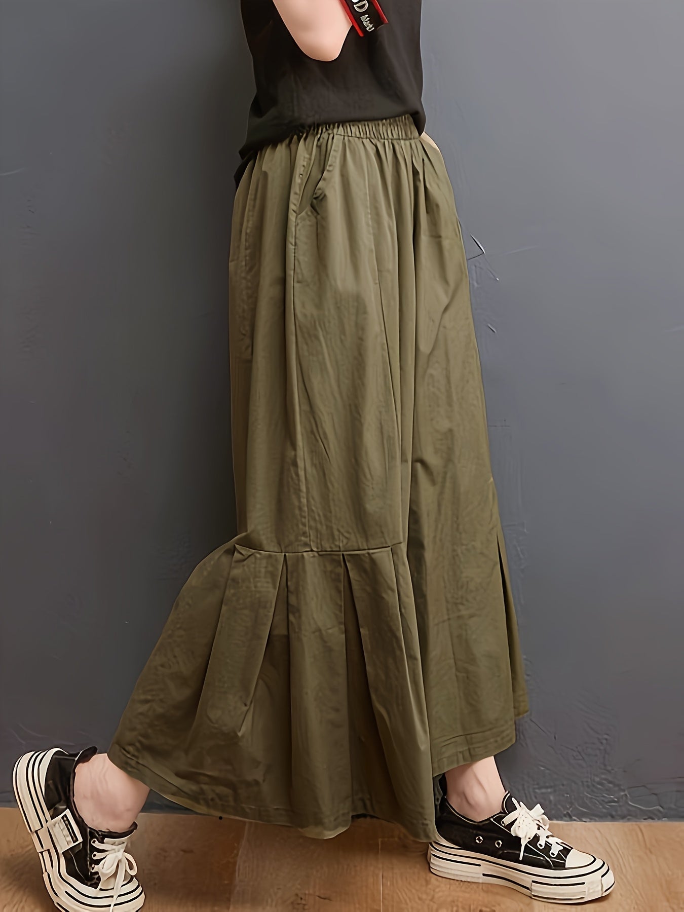 Women's Wide-Leg Polyester Pants with Elastic Waist Solid Color All Seasons