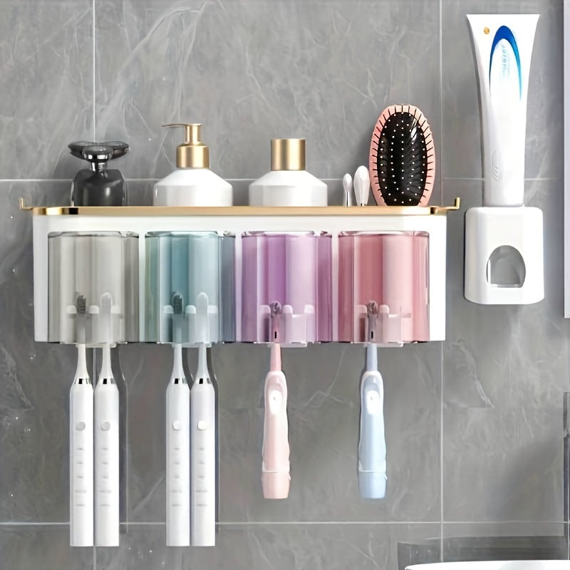 Wall-Mounted Toothbrush Holder with Gargle Cup No-Drill Bathroom Organizer Transparent