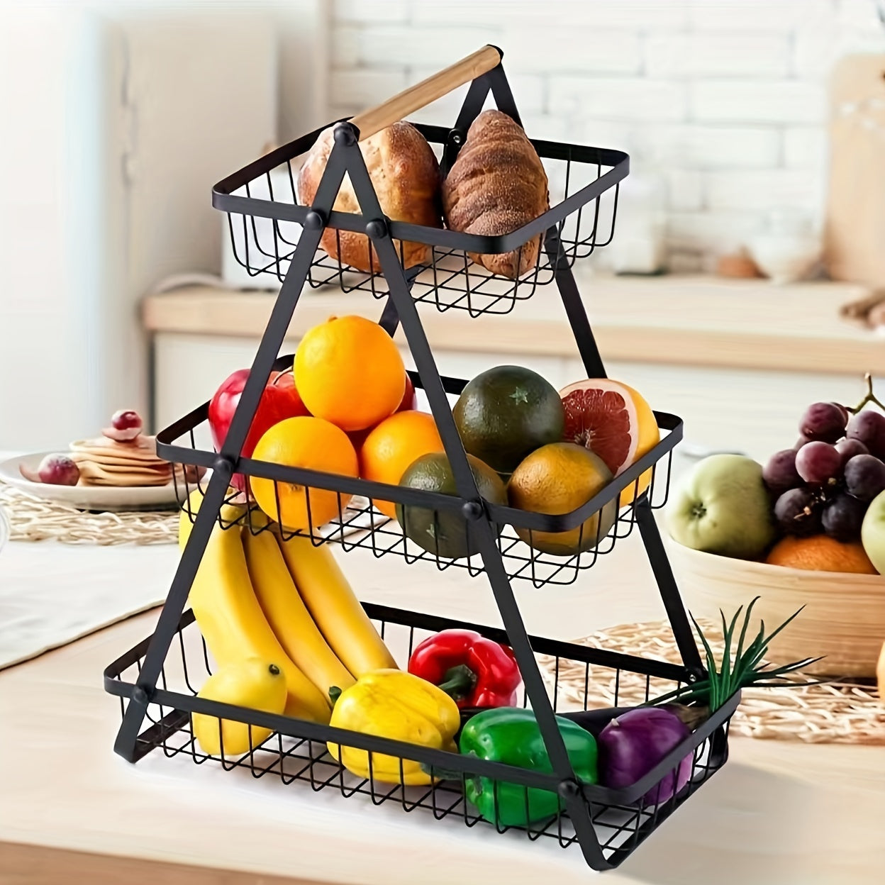 Metal Fruit and Vegetable Basket with Detachable Bowl and Wooden Handle for Kitchen Storage