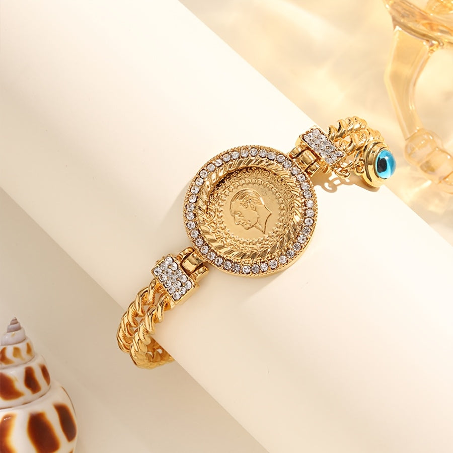 Gold-Plated Copper Bangle with Rhinestones and Evil Eye Motif for Women