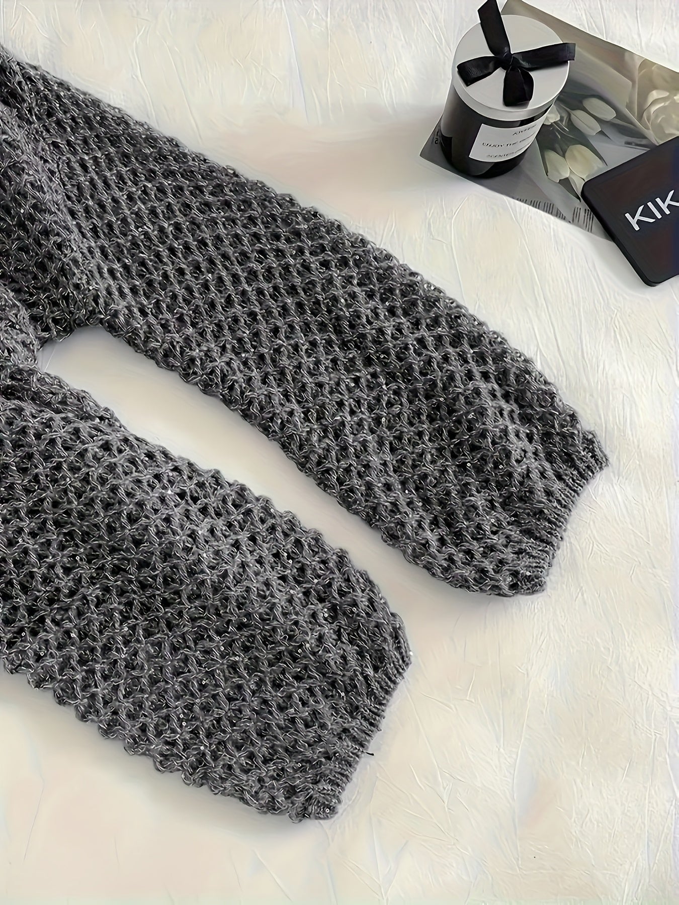 Women Plus Size Light Gray Crochet Sweater Long Sleeve Round Neck Pullover