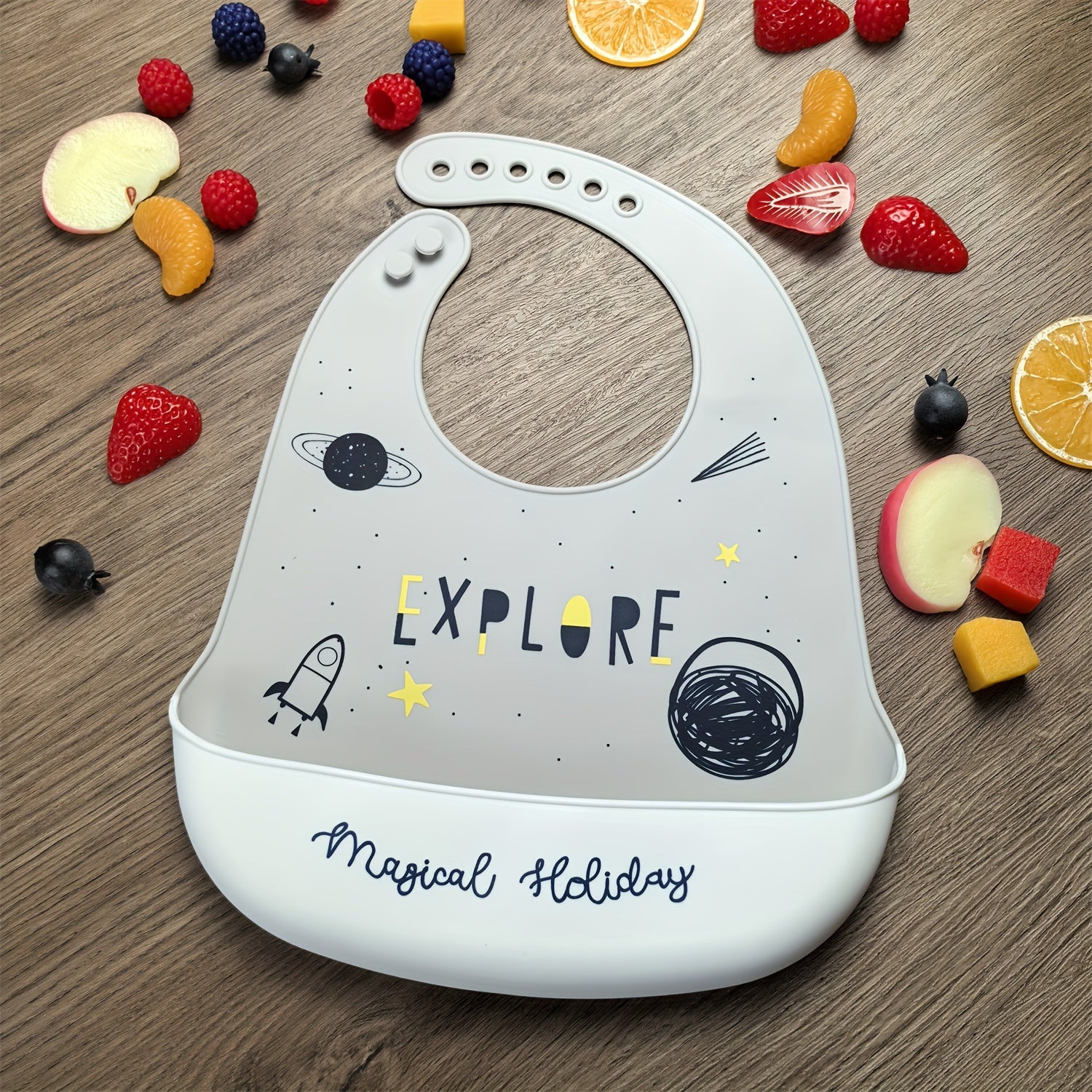 Silicone Kids Bib Pink Waterproof with Rainbow Crown Space Design for Boys Girls