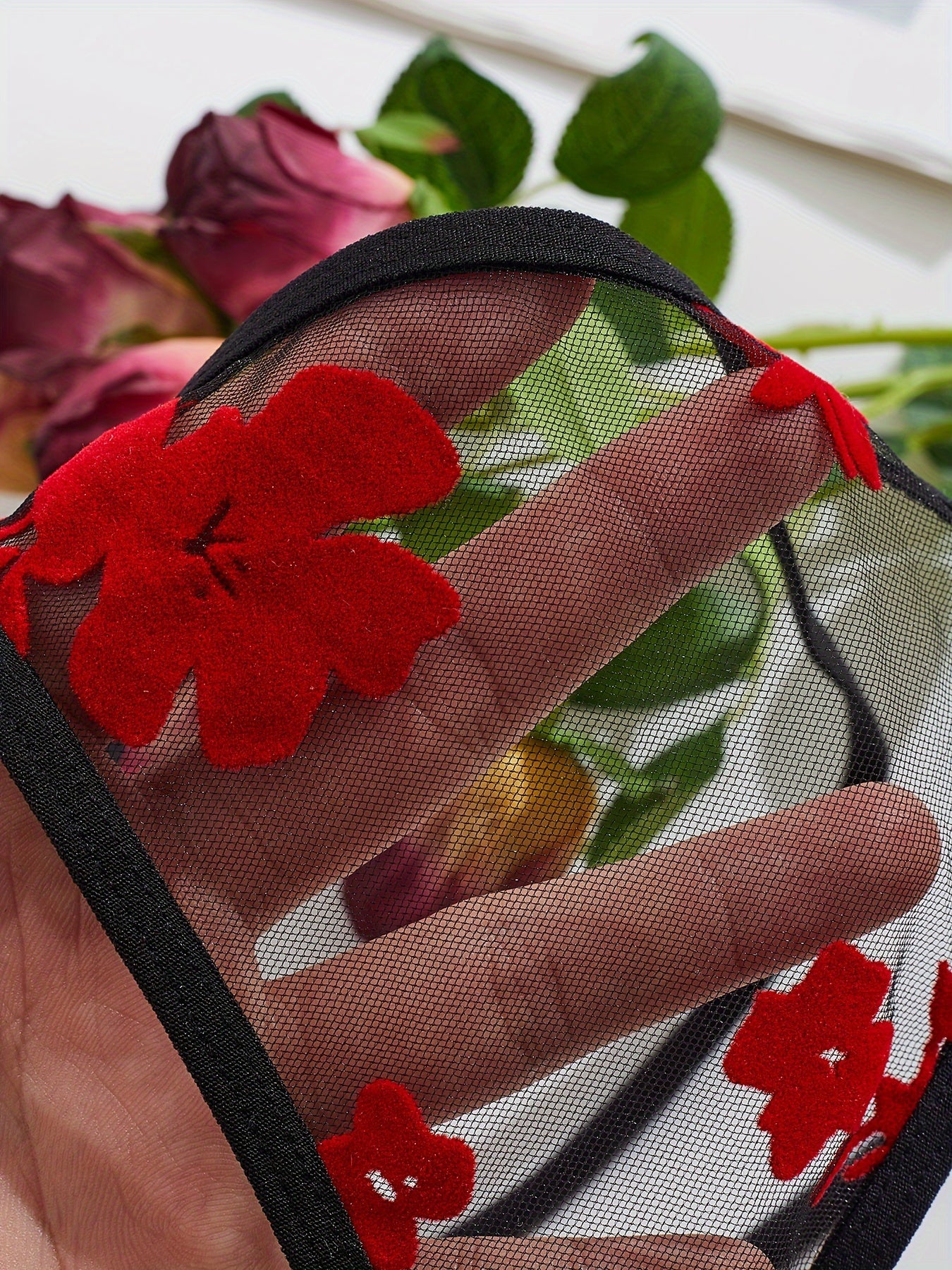 Women's Black and Red Floral Lace Lingerie Set with Bralette and Thong