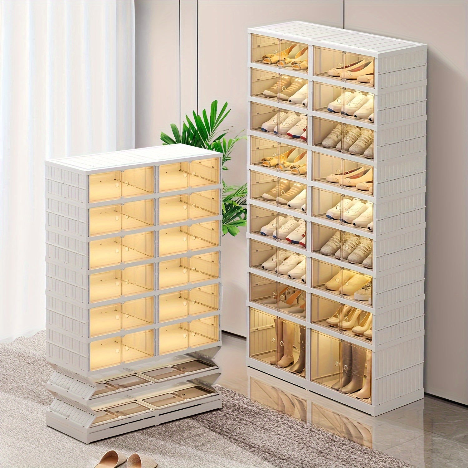 Foldable Shoe Rack with 6/9 Tiers and Clear Stackable Shoe Box for Closet Organization