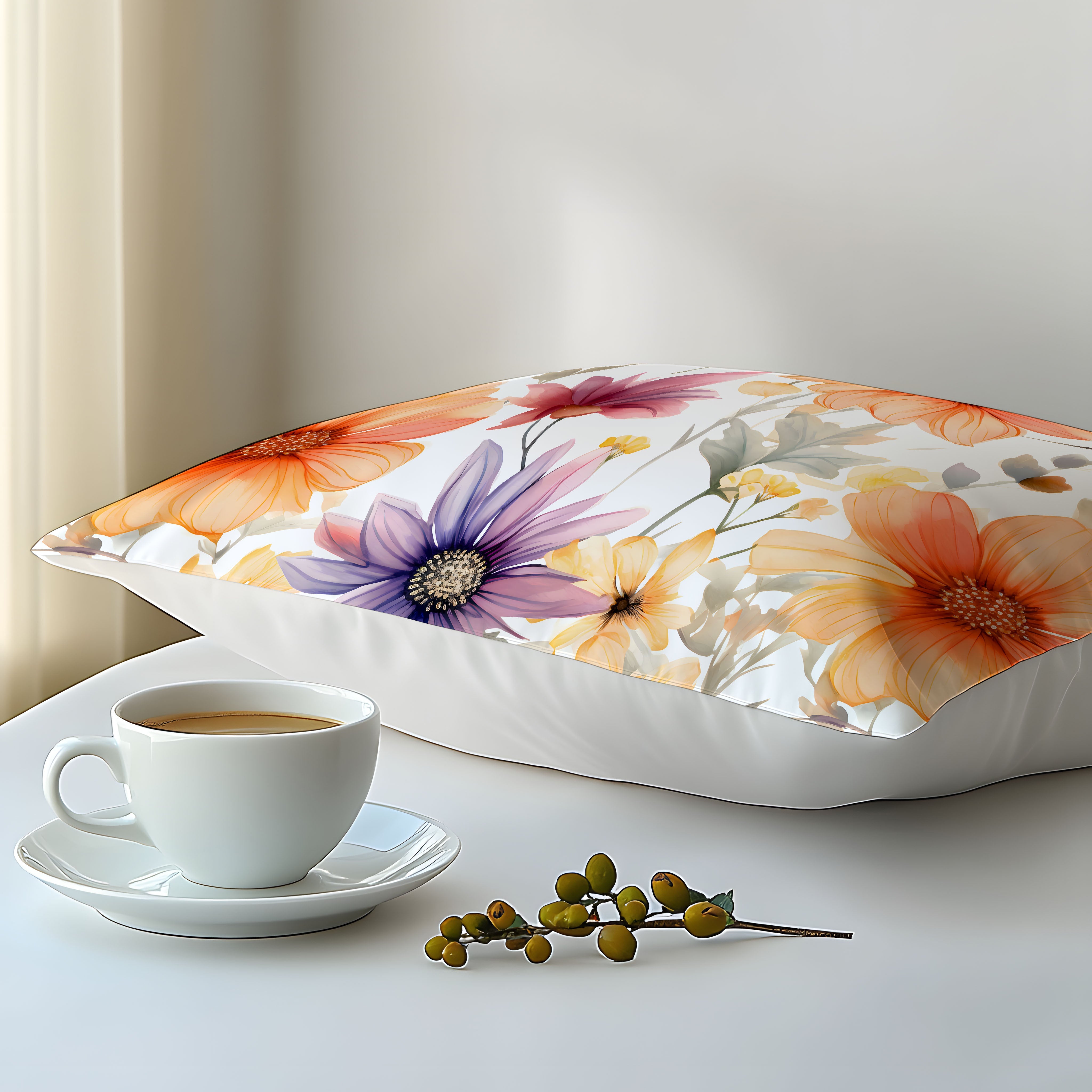 Orange Floral 3D Print Pillowcase Soft Skin-Friendly Fabric Machine Washable Envelope Closure Bedroom Guest Room Hotel