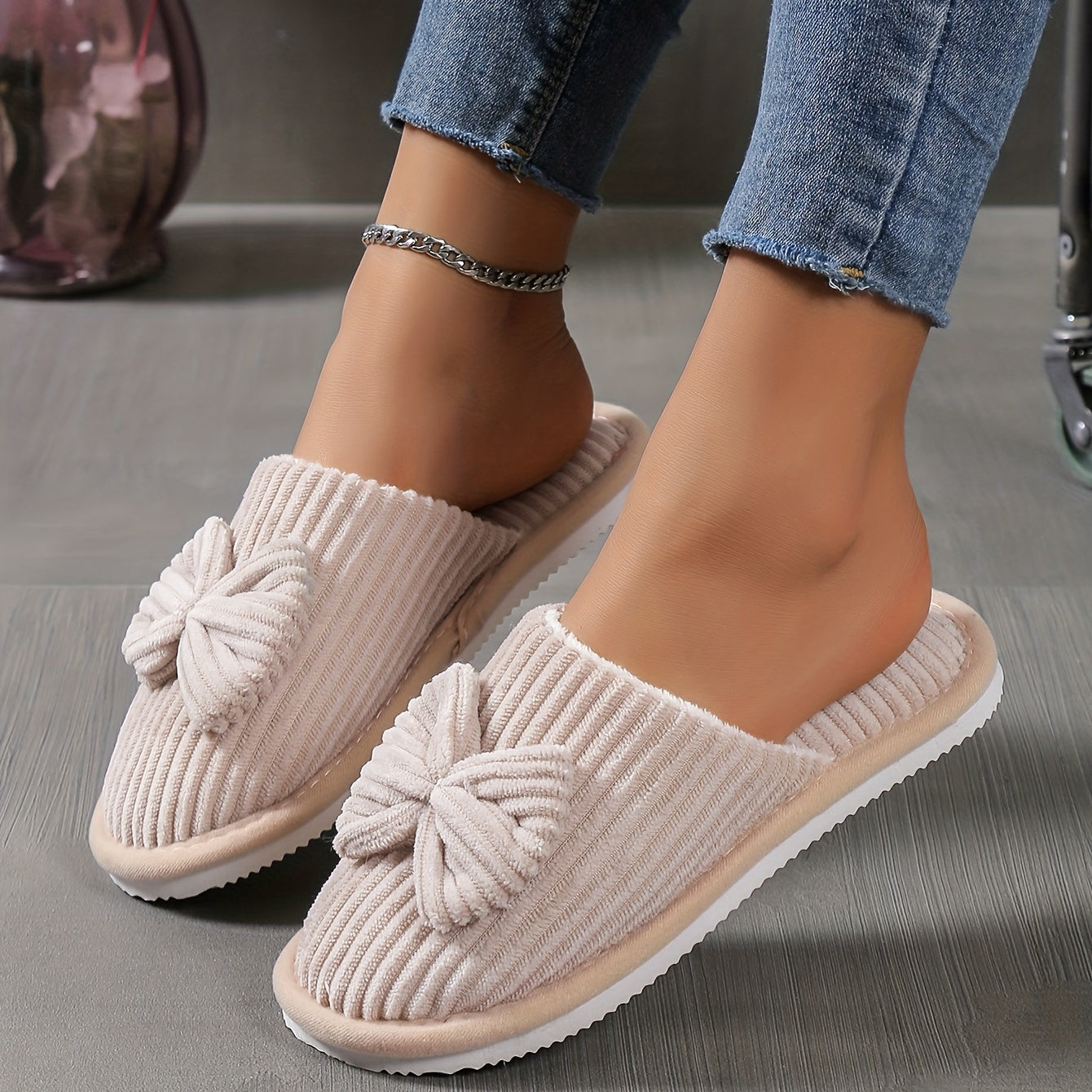 Fuzzy Slippers with Bowknot Soft Sole Fabric Indoor Casual Slip-On for Winter