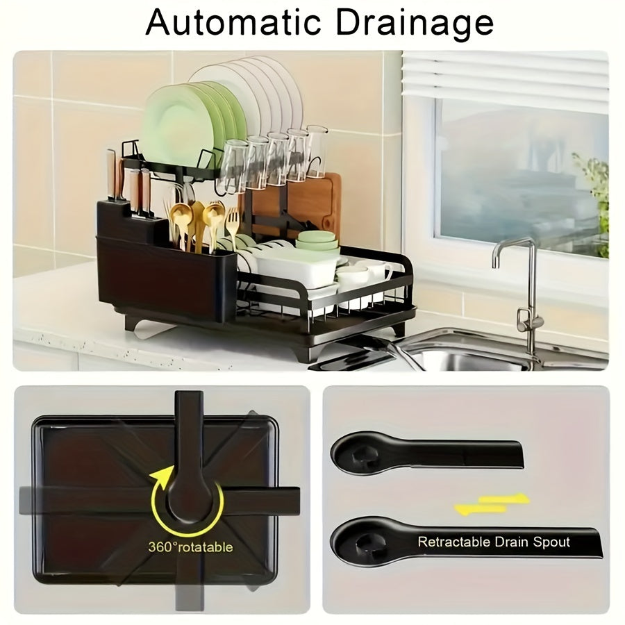 Большая металлическая двухъярусная сушилка для посуды с крылом для сушки - включает в себя слив, держатель для стакана, держатель для столовых приборов и коврик для сушки - Кухонные принадлежности для эффективной сушки и организации посуды