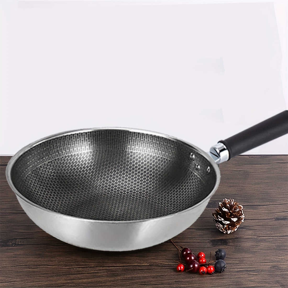 Wok de panal de acero inoxidable con tapa de cristal, antiadherente, soporte de hierro fundido, apilable