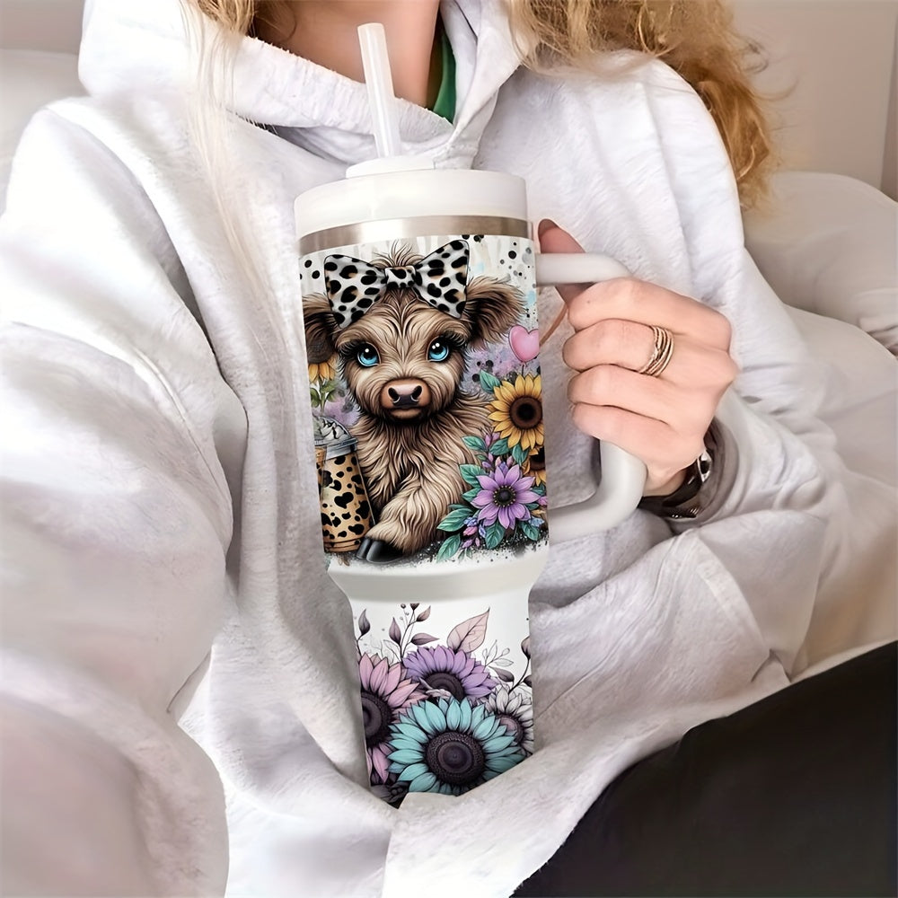 Stainless Steel Travel Mug with Handle and Straw Highland Cow Sunflower Design