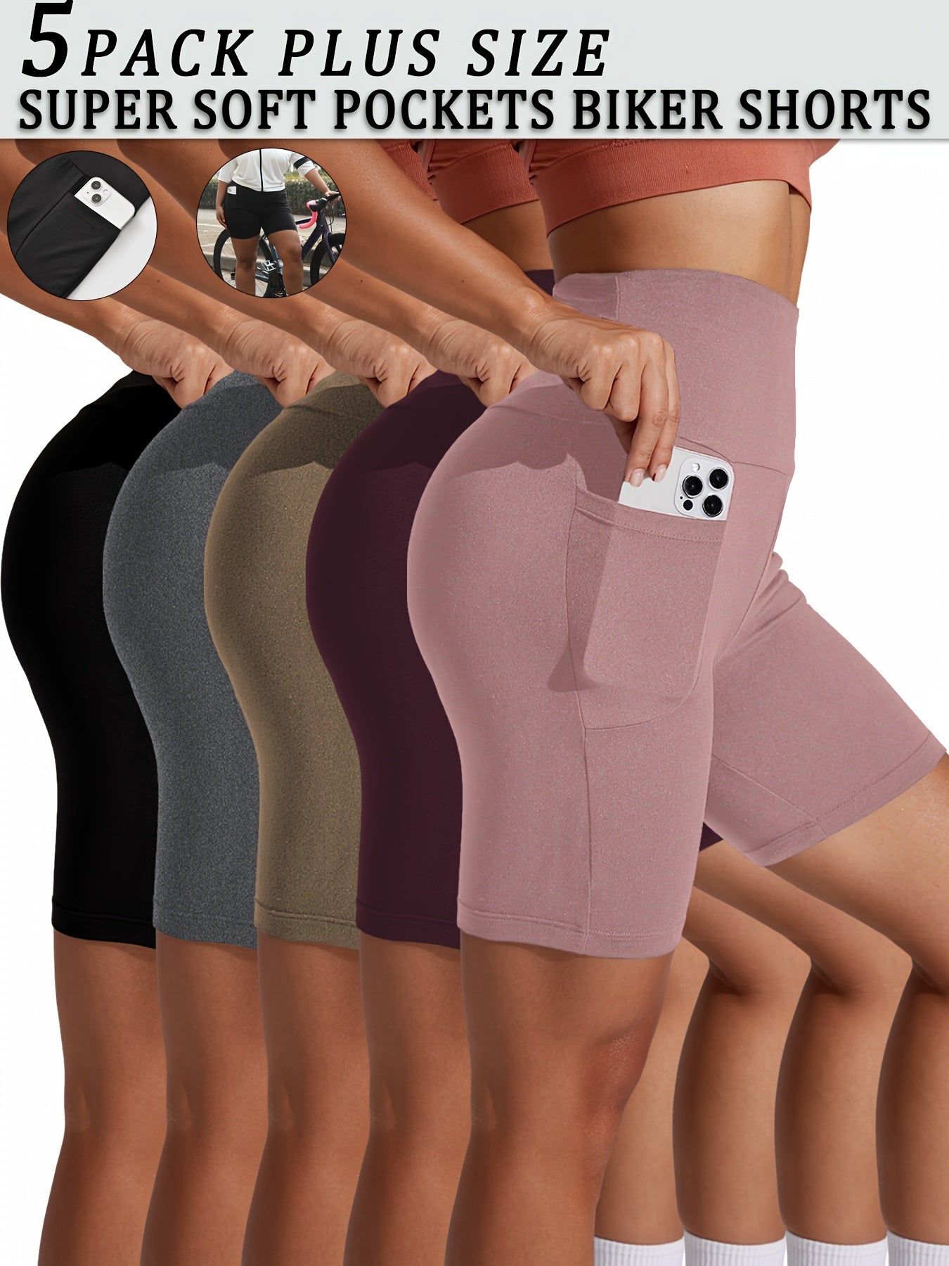Women Plus Size High Waisted Biker Shorts With Pockets for Workout Yoga